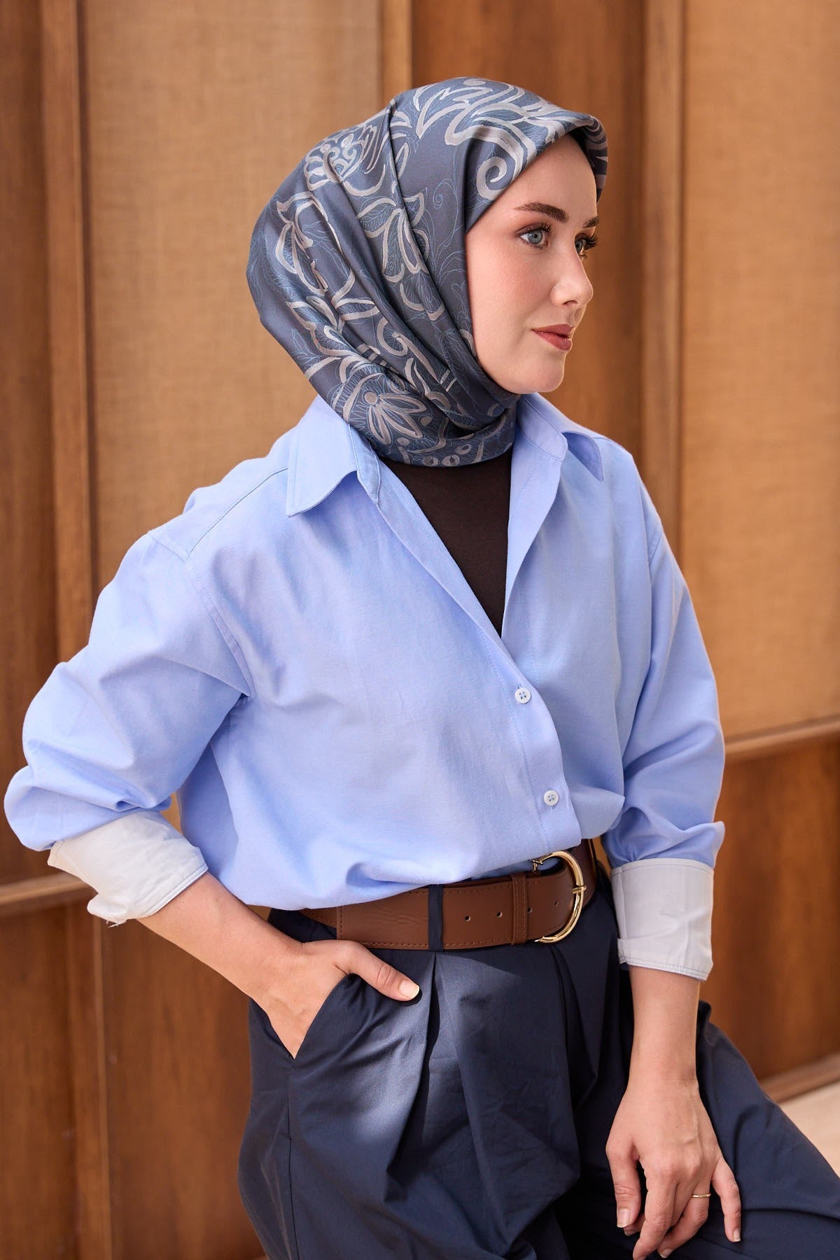 Twill İpek Eşarp Floral Paisley Gece Mavisi