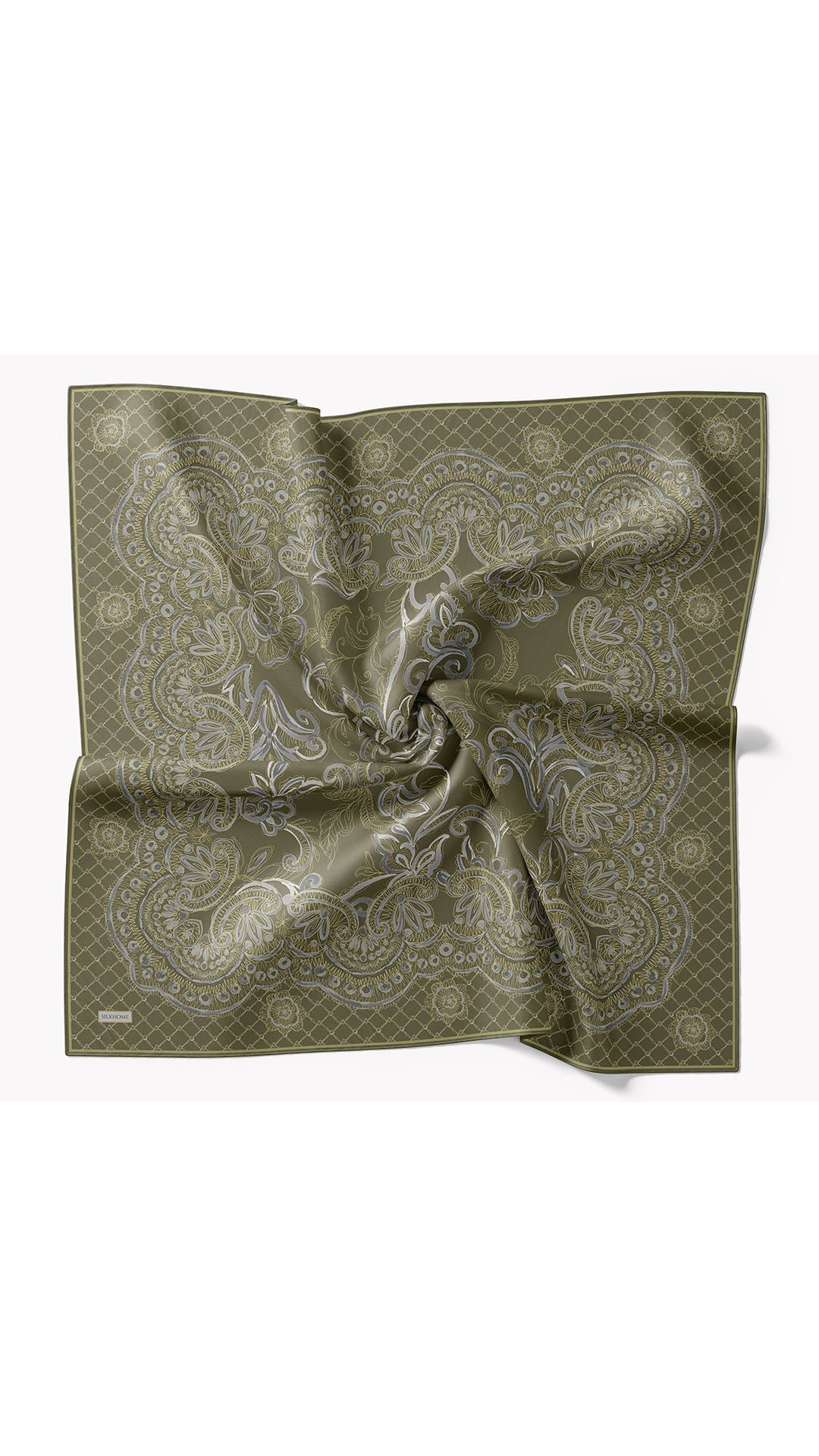 Twill İpek Eşarp Floral Paisley Haki