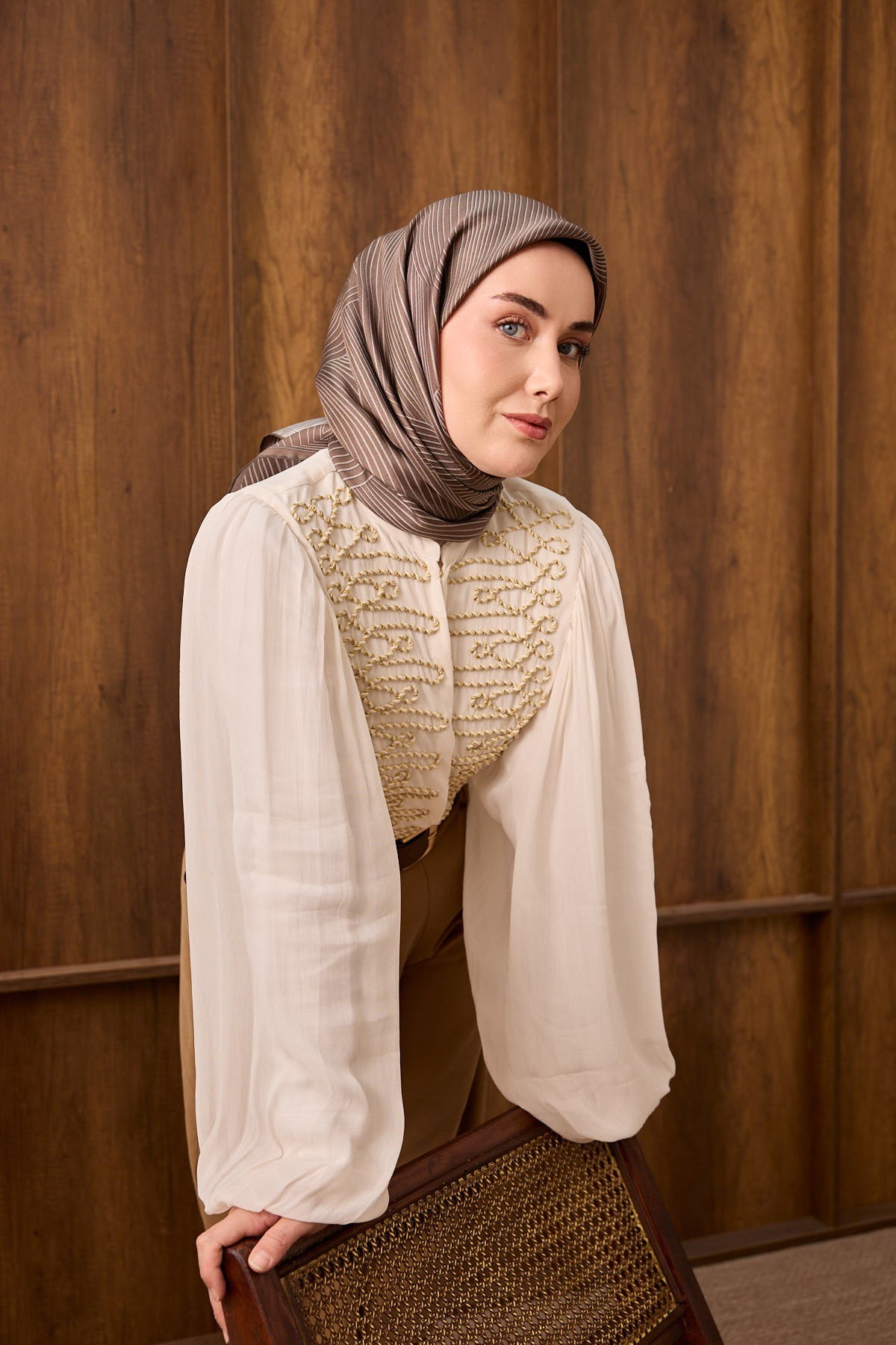 Twill İpek Eşarp Fluid Lines Kahverengi