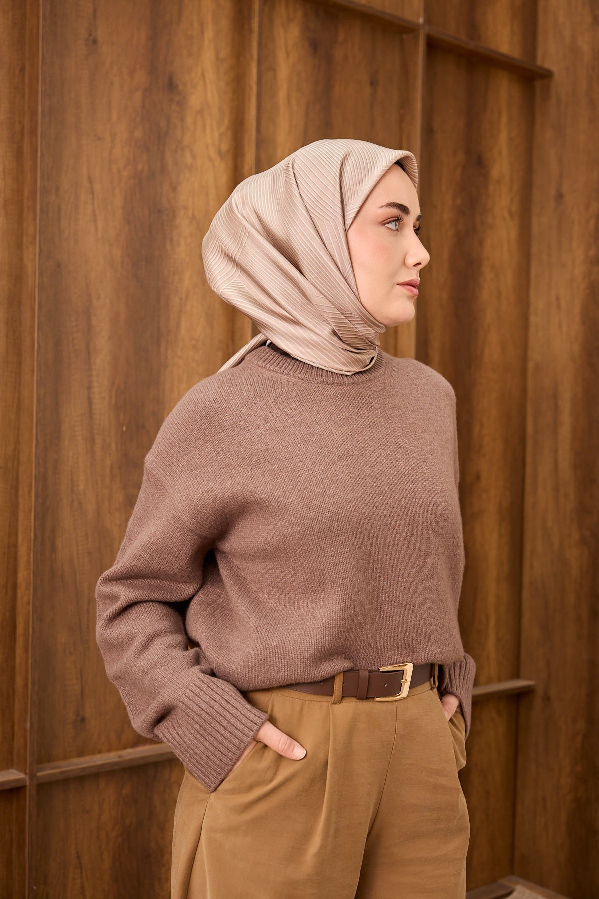 Twill İpek Eşarp Fluid Lines Pudra Vizon