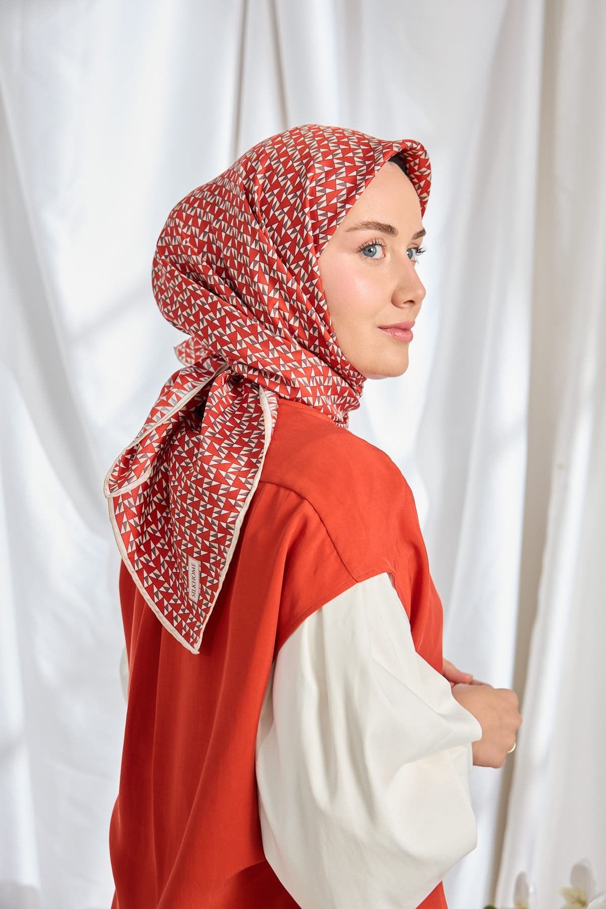 Twill İpek Eşarp Geometric Pattern Kırmızı