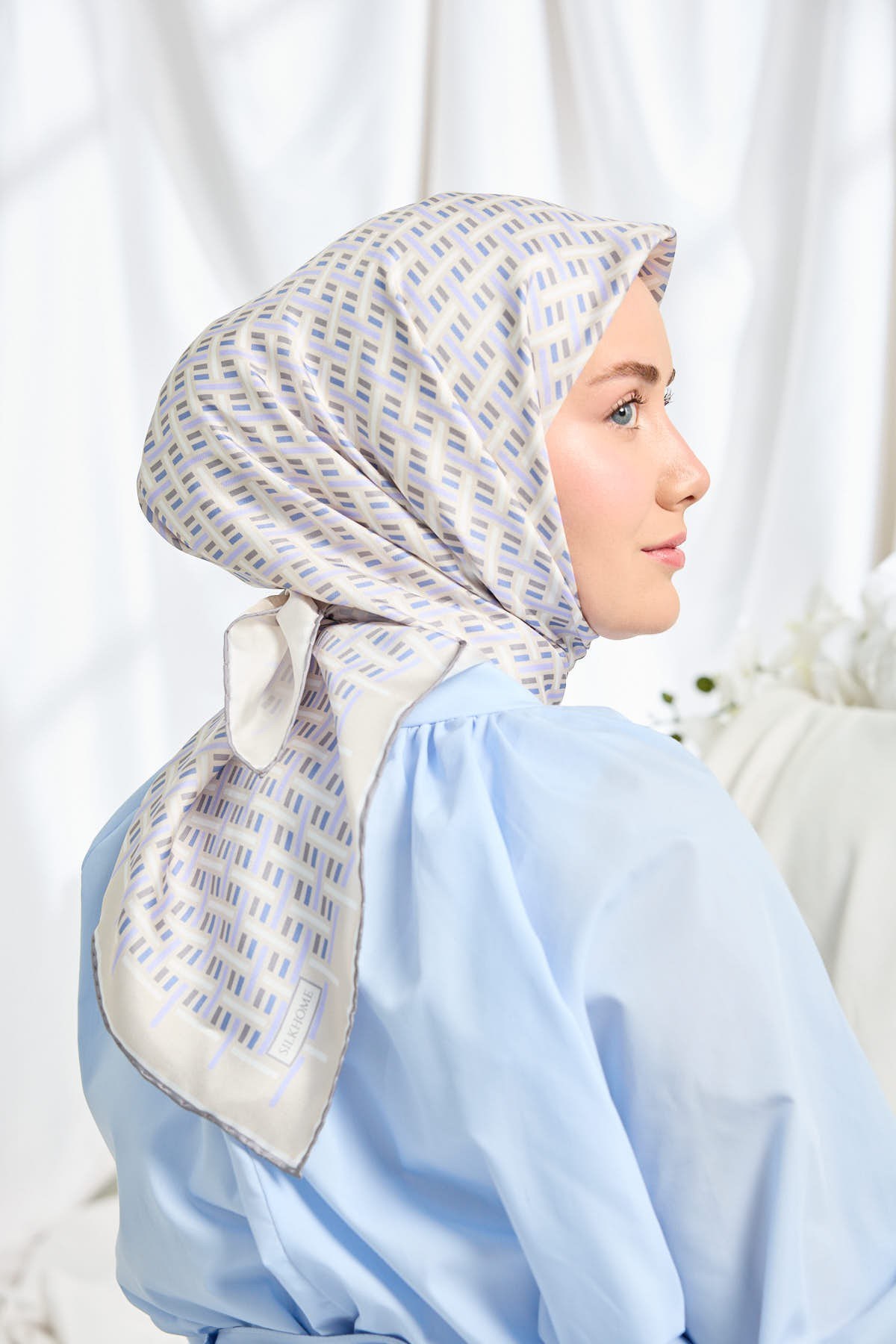 Twill İpek Eşarp Geometrik Bej