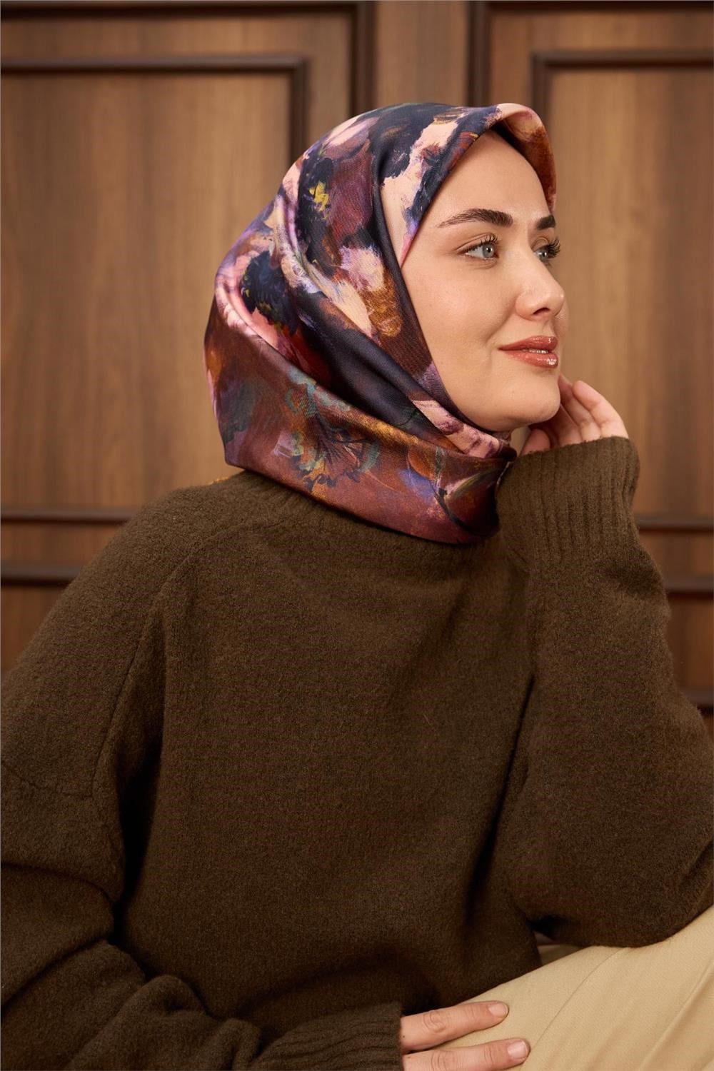 Twill İpek Eşarp Hardal-Bakır Kahve Desenli Tok Duruşlu 90X90