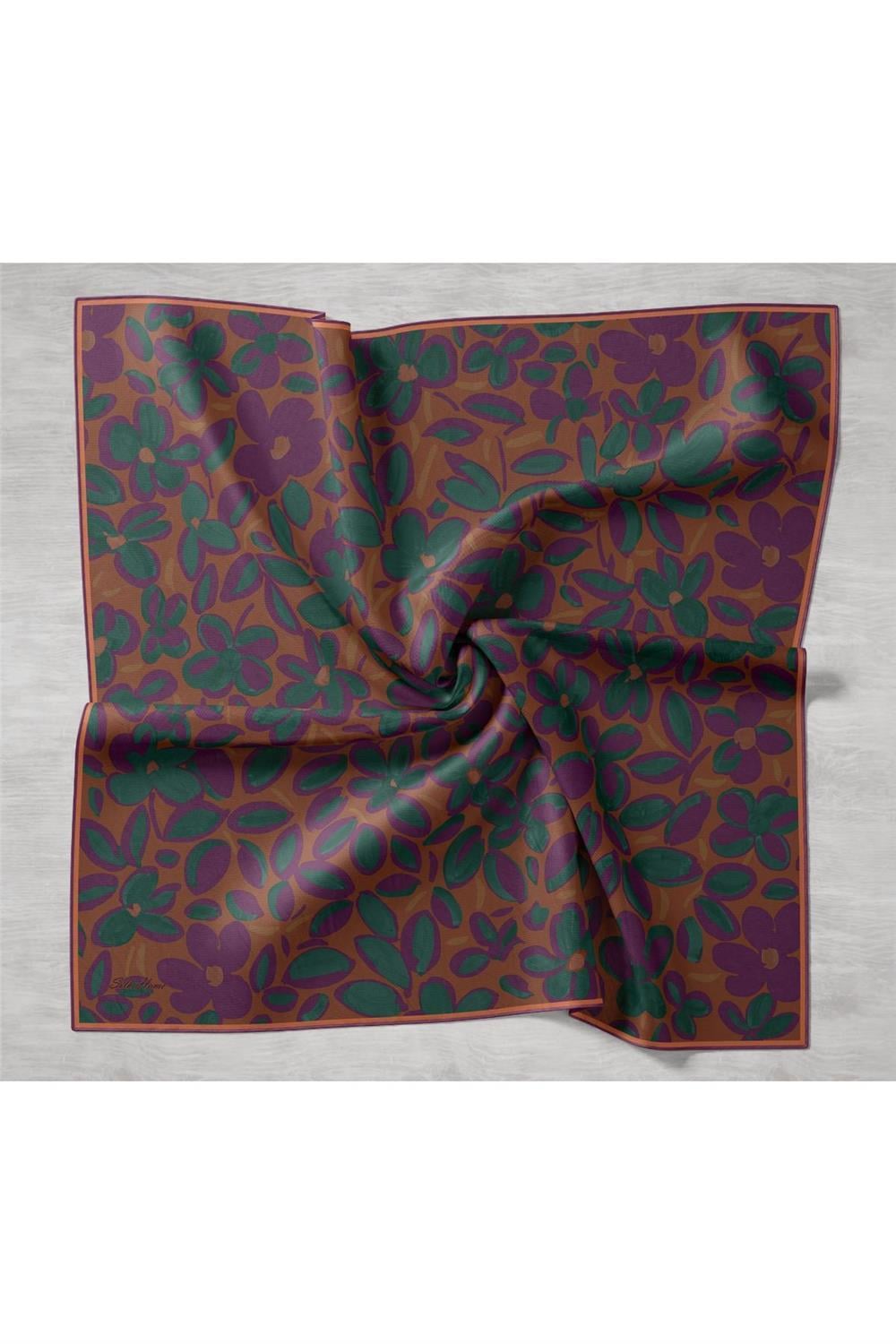 Twill İpek Eşarp Kahverengi Papatya Desen 90x90