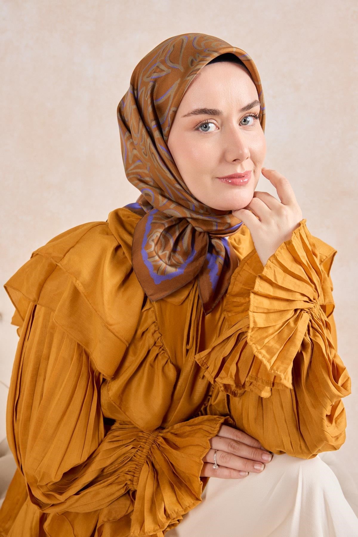 Twill İpek Eşarp Line Taba