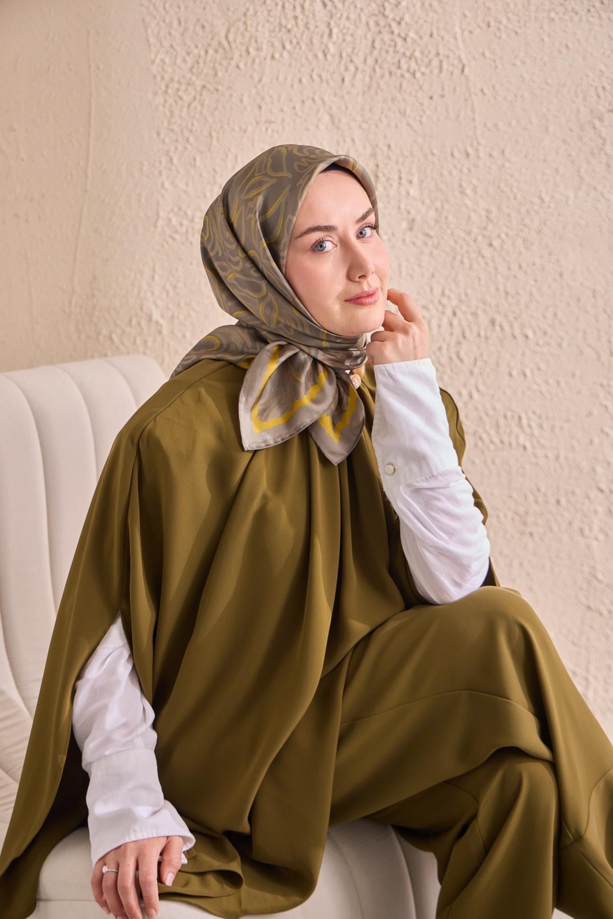 Twill İpek Eşarp Line Yeşil Gri