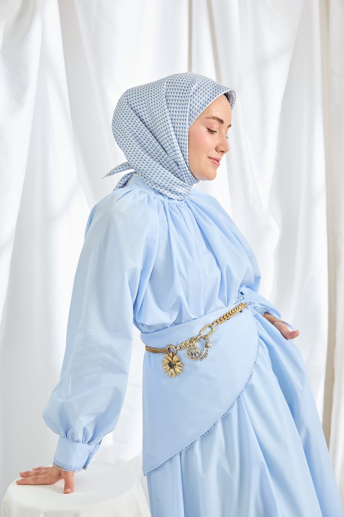 Twill İpek Eşarp Micro Kare Mavi