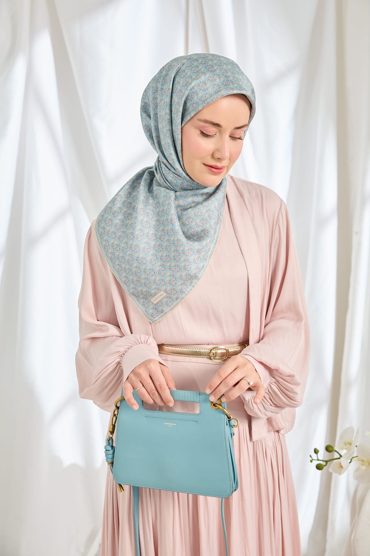 Twill İpek Eşarp Mini Bouquet Bebe Mavi