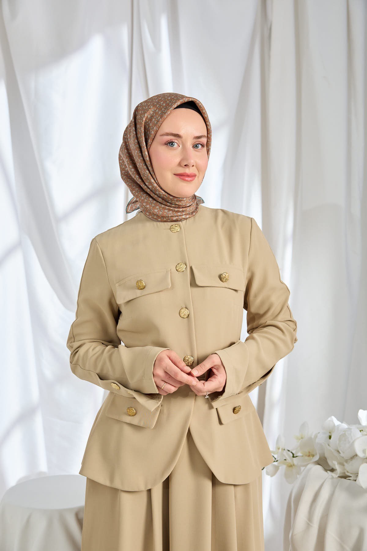 Twill İpek Eşarp Mini Bouquet Kahverengi