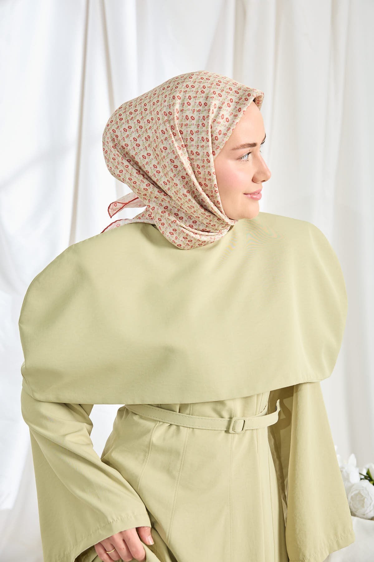 Twill İpek Eşarp Mini Bouquet Krem