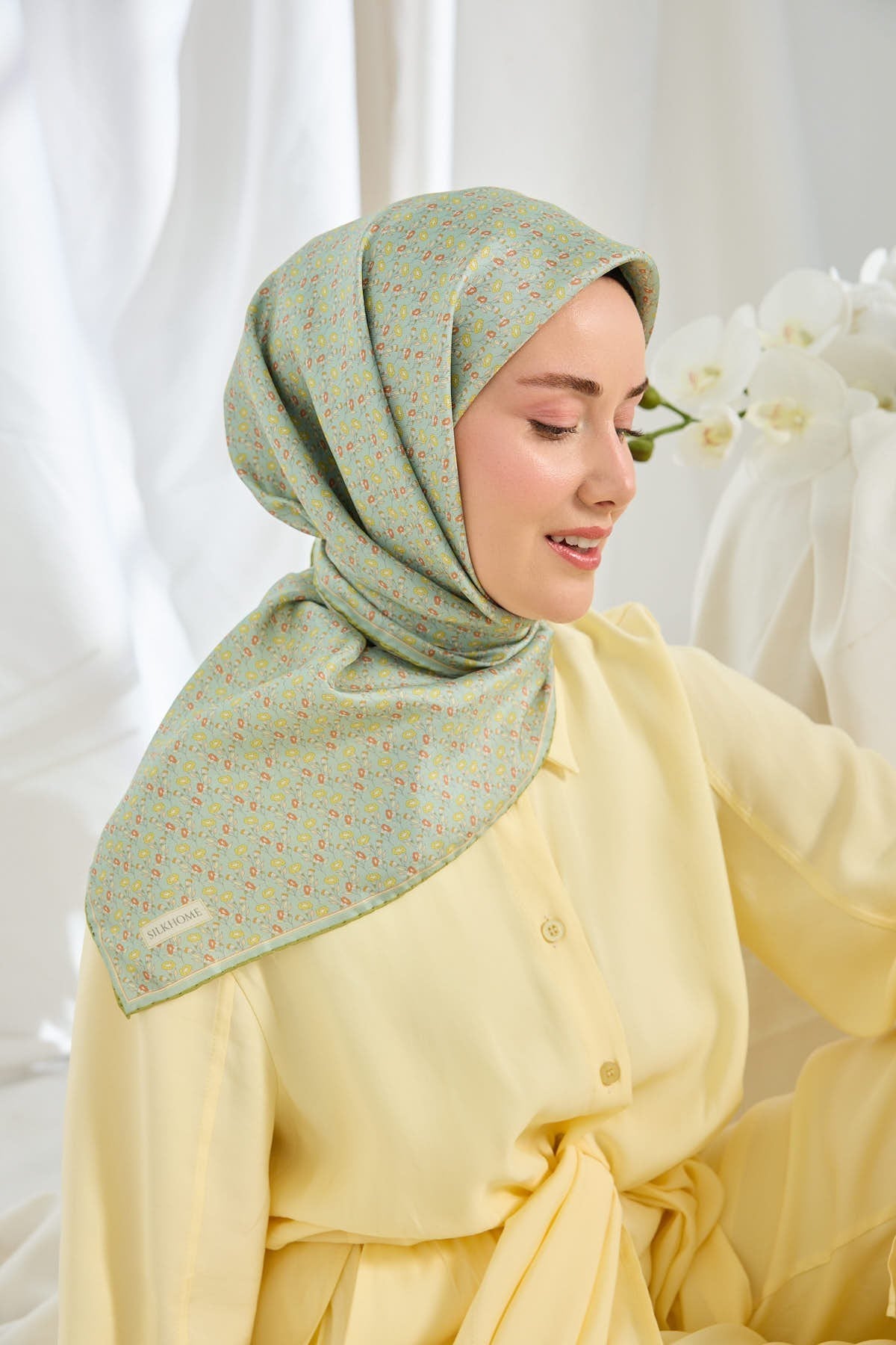Twill İpek Eşarp Mini Bouquet Mint Yeşil