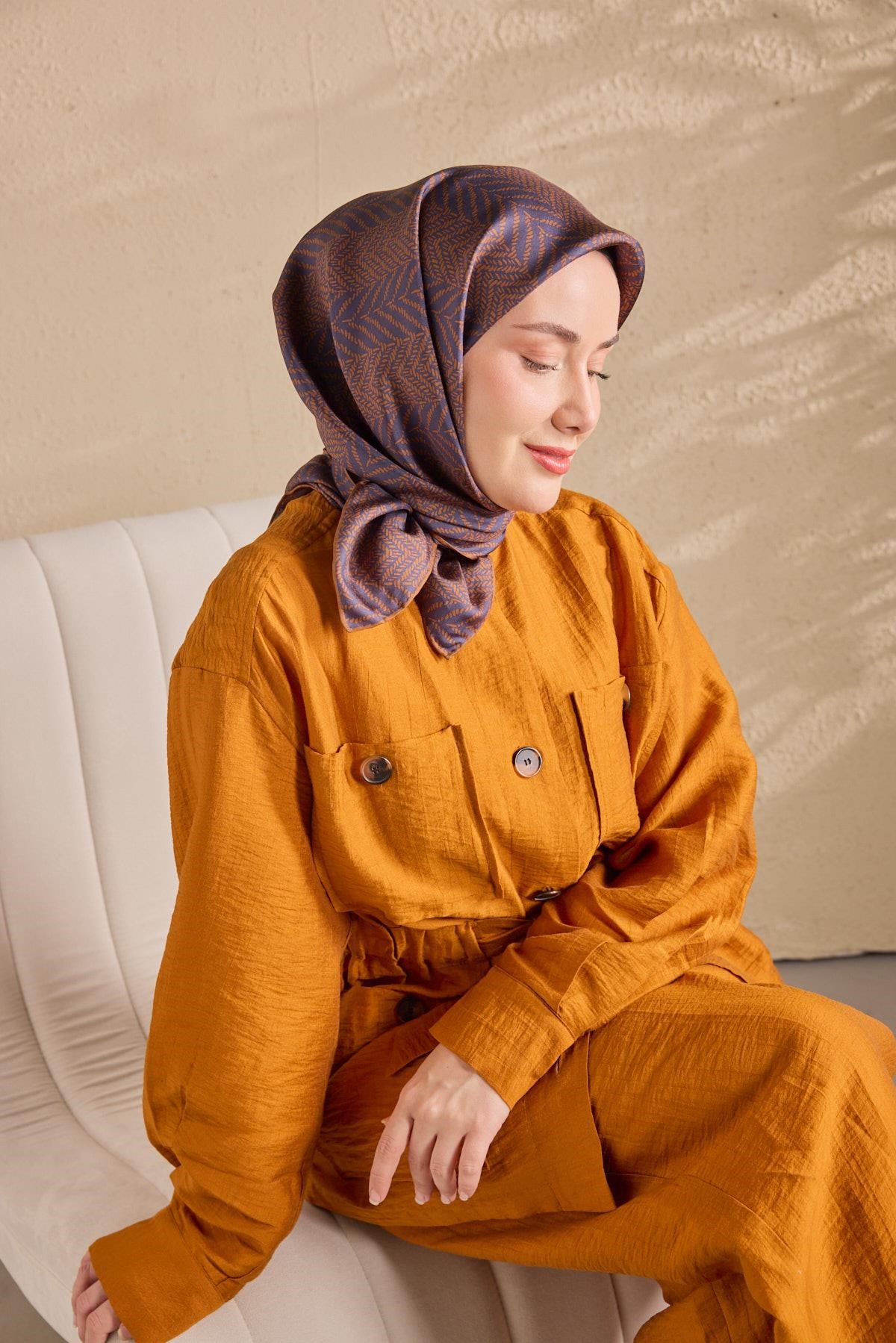 Twill İpek Eşarp Minimal Desen Koyu Lacivert 90x90