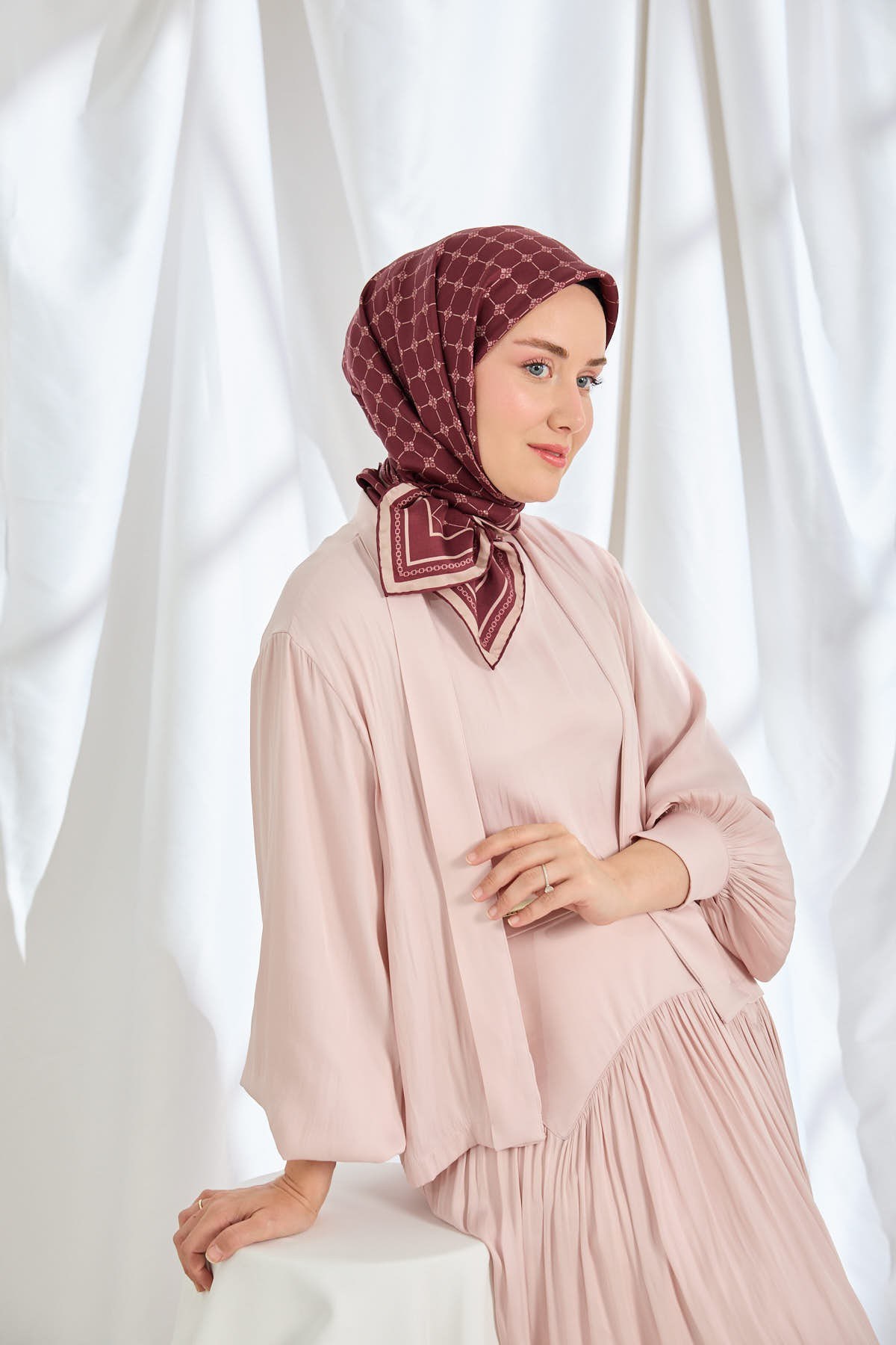 Twill İpek Eşarp Monogram Bordo