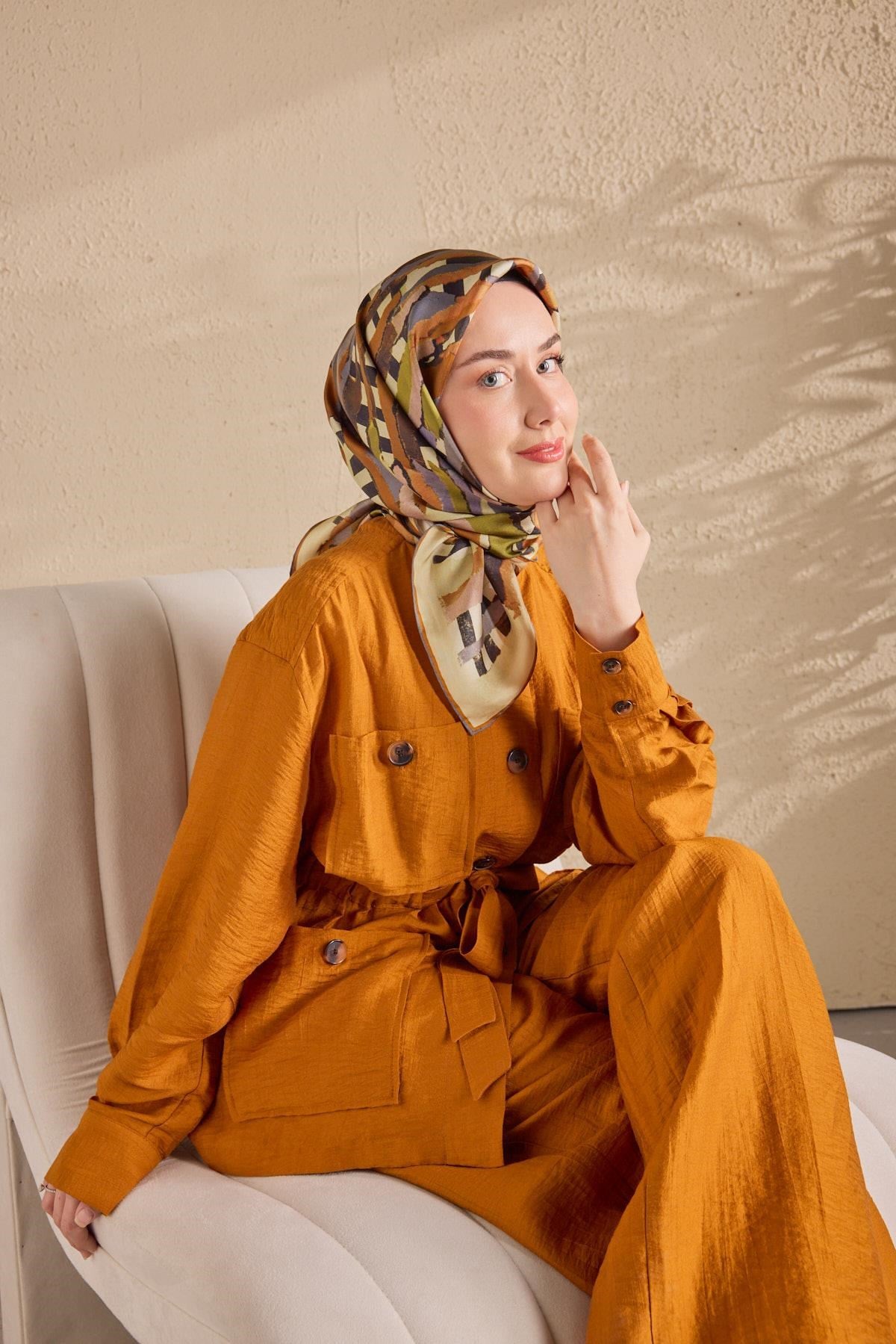 Twill İpek Eşarp Şerit Koyu Yeşil
