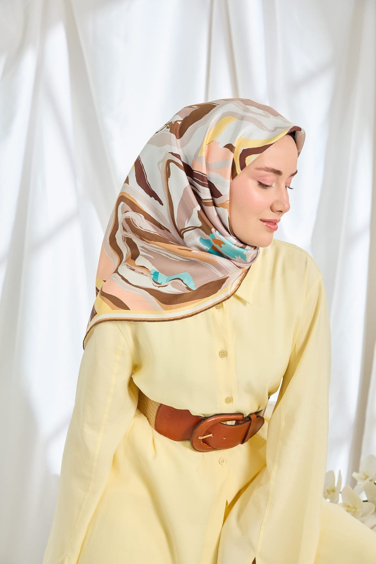 Twill İpek Eşarp Soyut Kahverengi