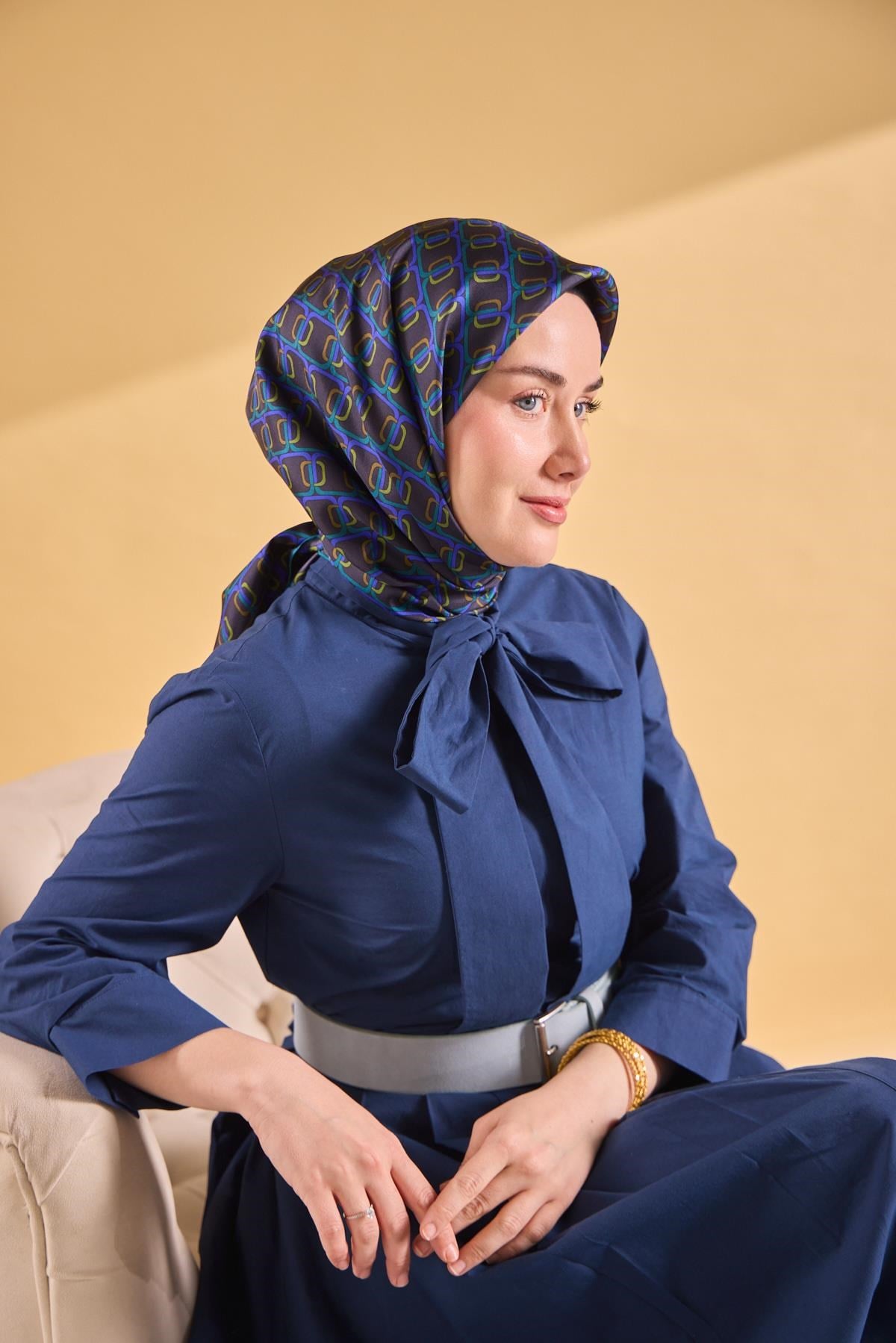 Twill İpek Eşarp Zincir Morcivert