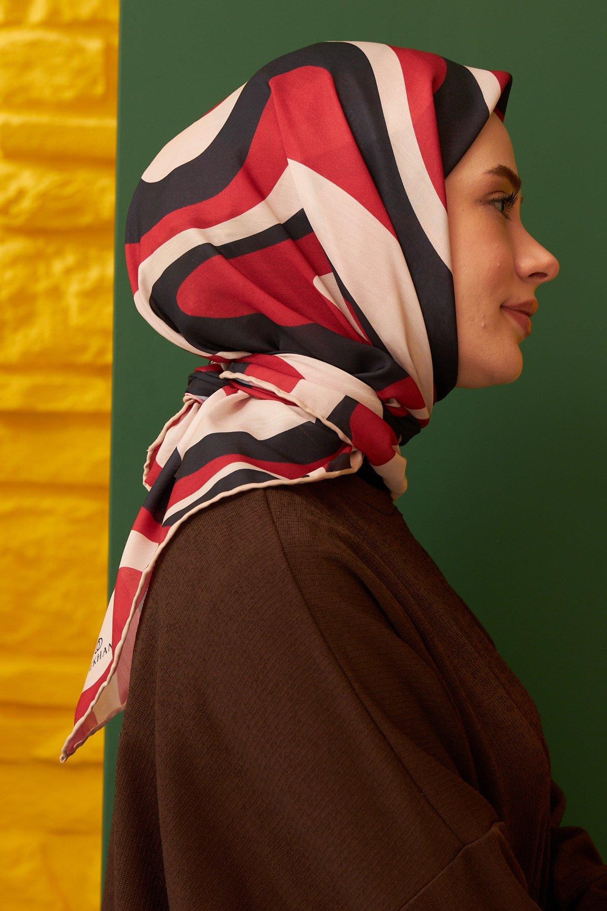 Twist Siyah Kırmızı Pamuk Viskon Eşarp Modeli