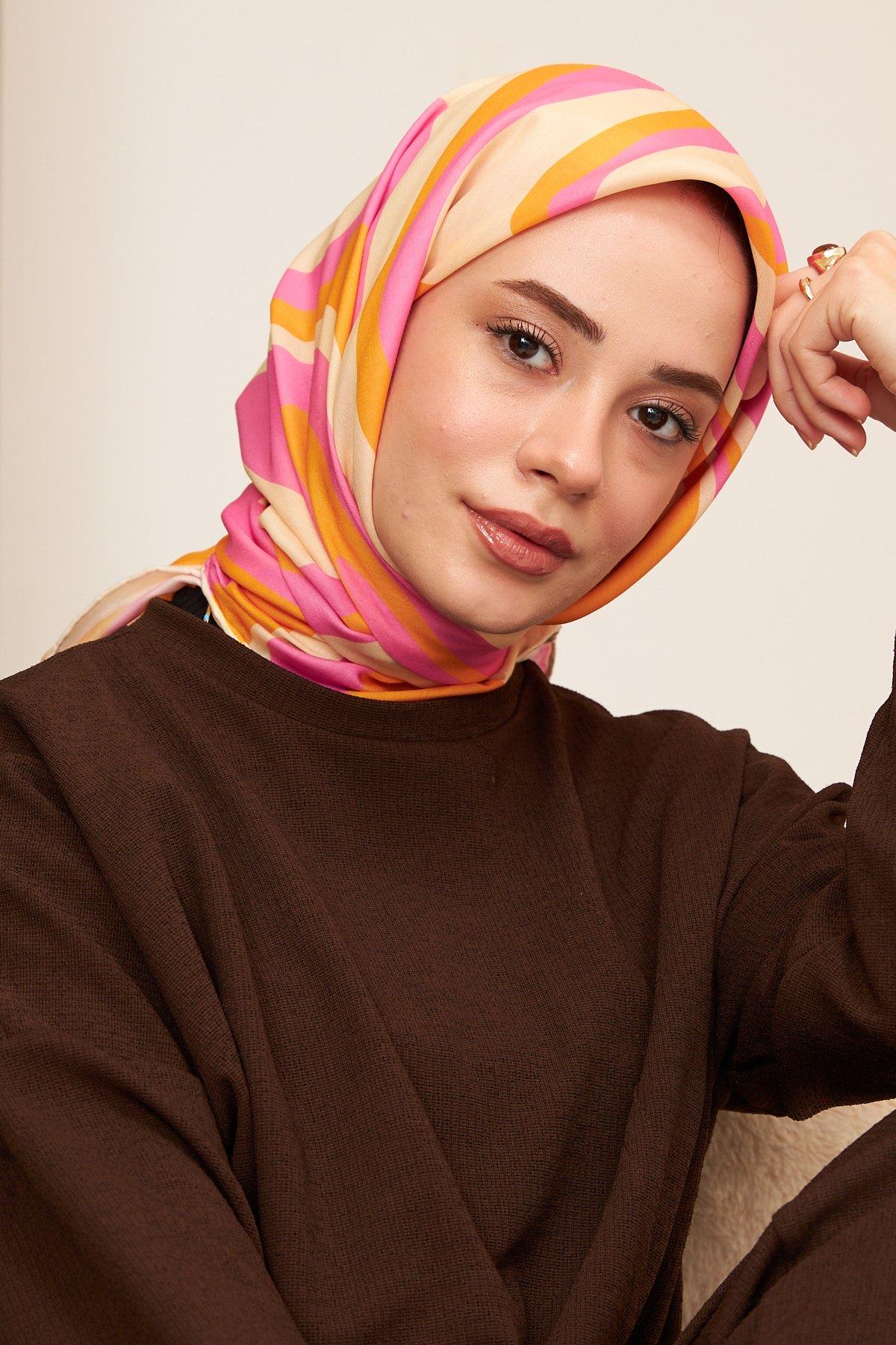 Twist Turuncu Pembe Pamuk Viskon Eşarp Modeli