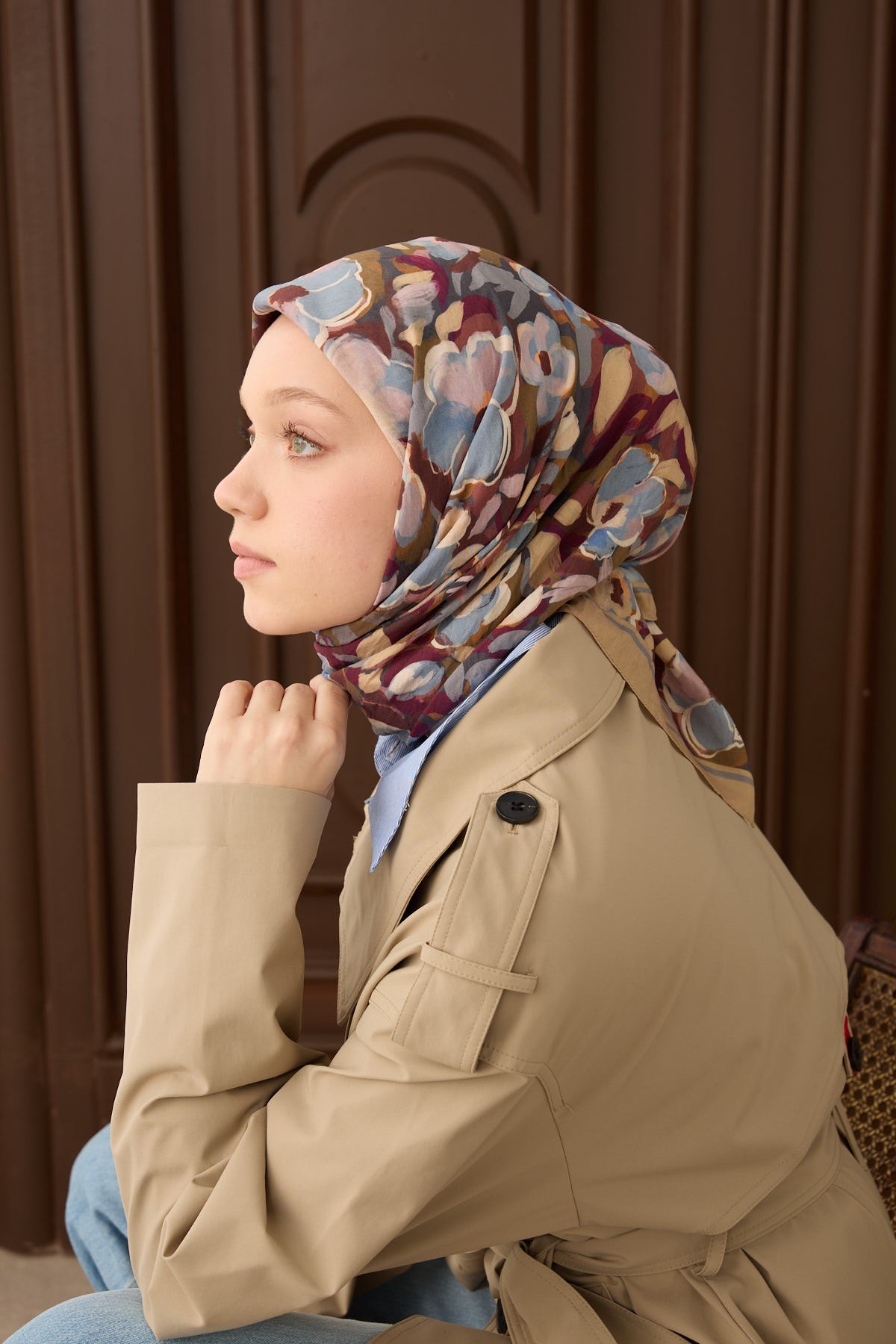 Velora Eşarp Flower Yeşil Bej