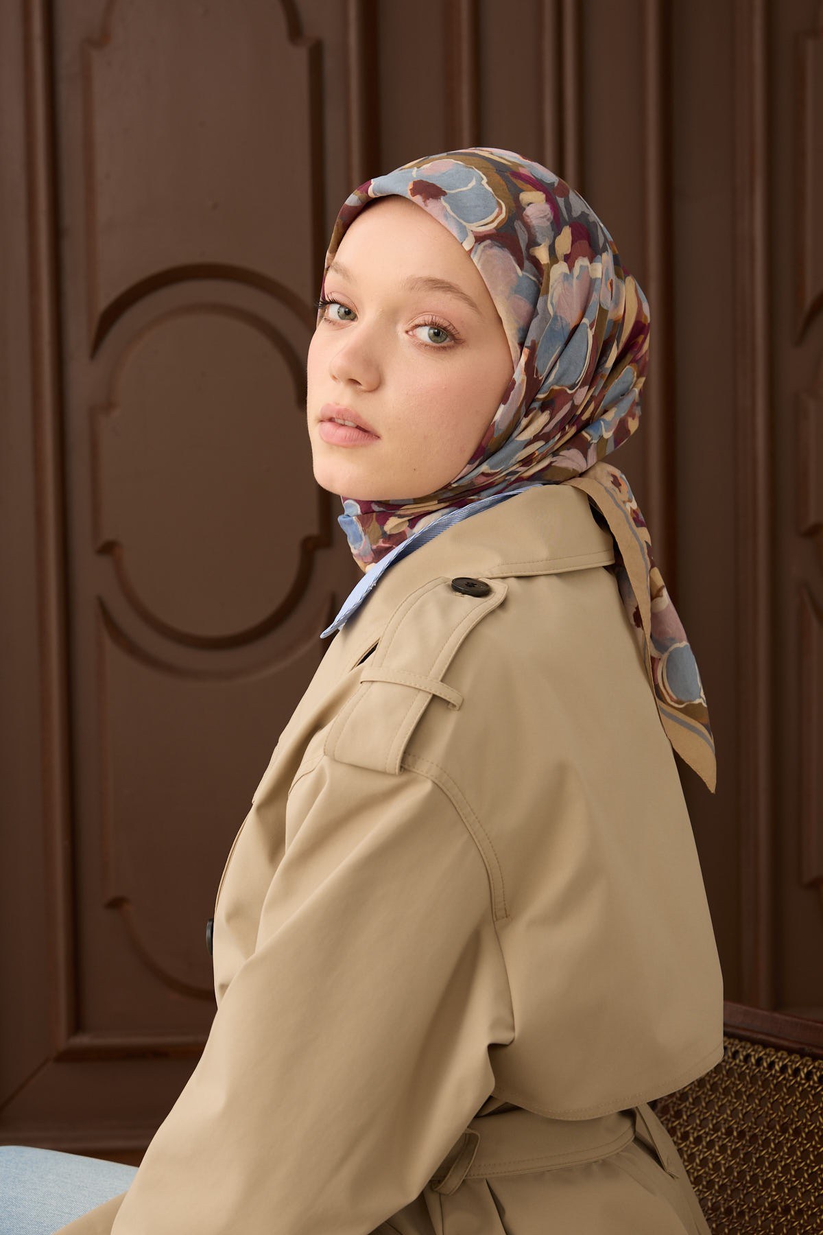 Velora Eşarp Flower Yeşil Bej