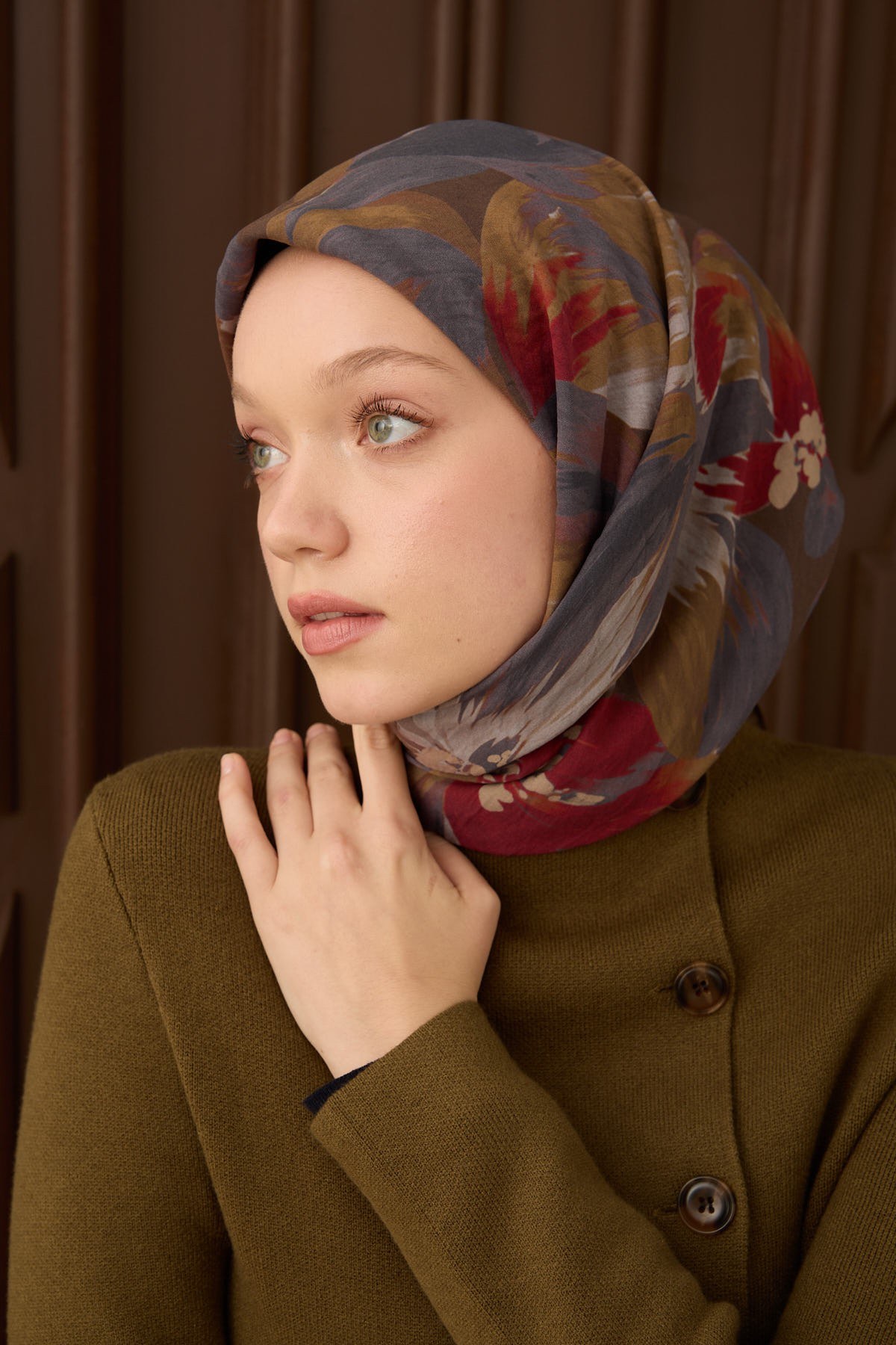 Velora Eşarp Flower Yeşil Kahve