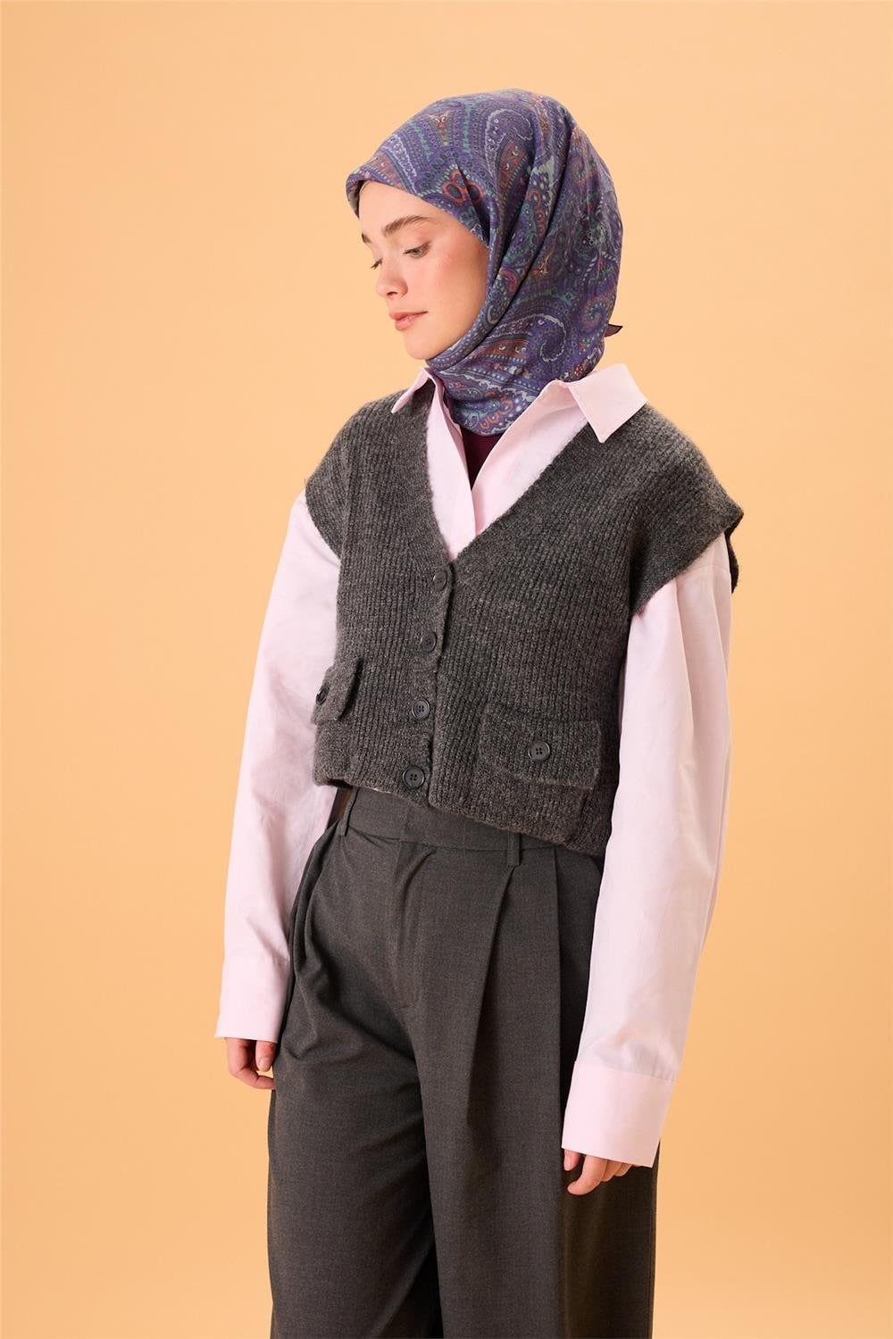 Viskon Karışımlı Velora Eşarp Koyu Mor-Kiremit Desenli Dökümlü Yumuşak Dokulu
                90X90