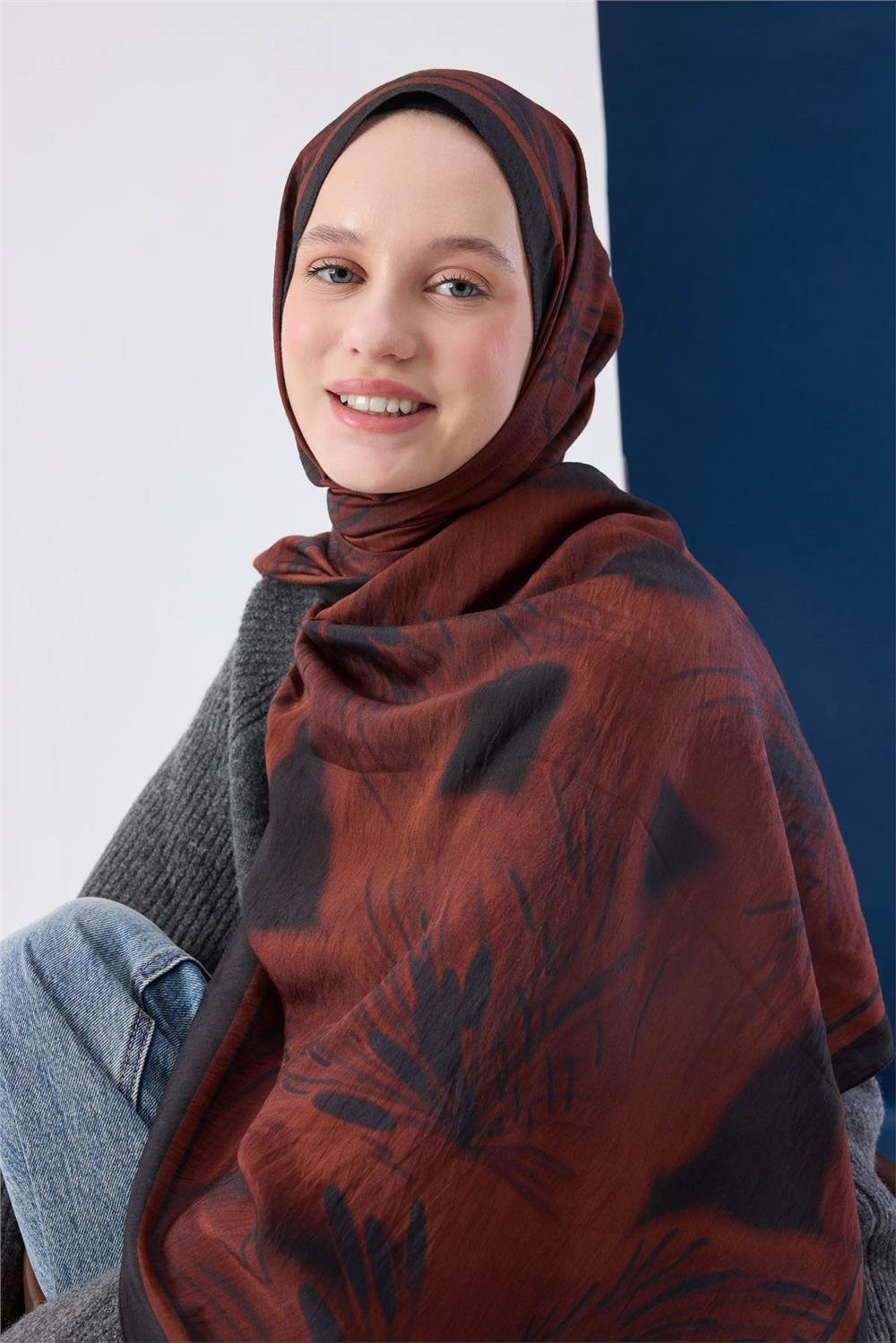 Viskon Mayda Şal Kiremit Zeminli Siyah Detaylı Desenli Yumuşak Dokulu 190X70