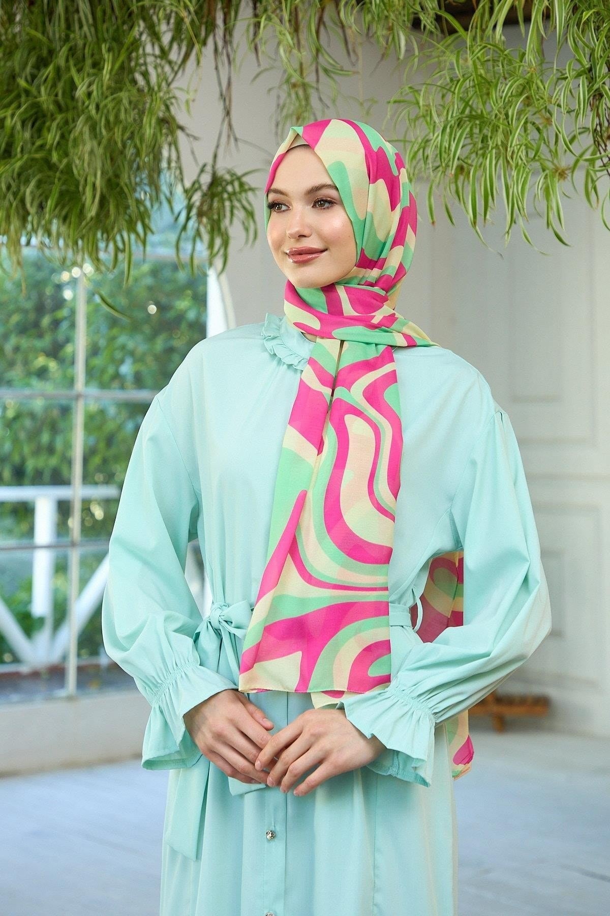 Yaz Işıltısı Koleksiyonu Soft Şal Yeşil Pembe 3044-07
