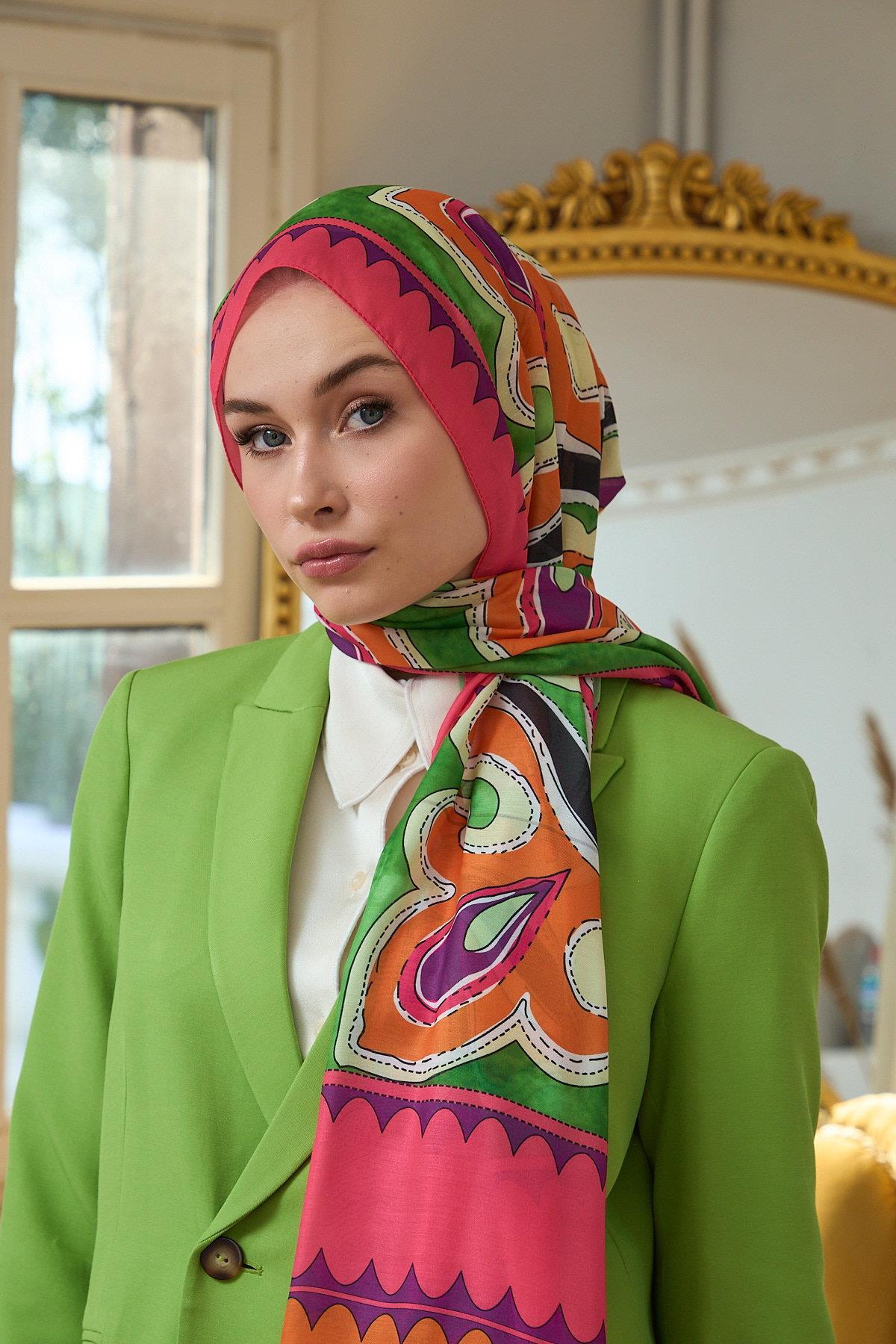 Yaz Işıltısı Koleksiyonu Soft Şal Zümrüt Yeşil Turuncu 3045-03