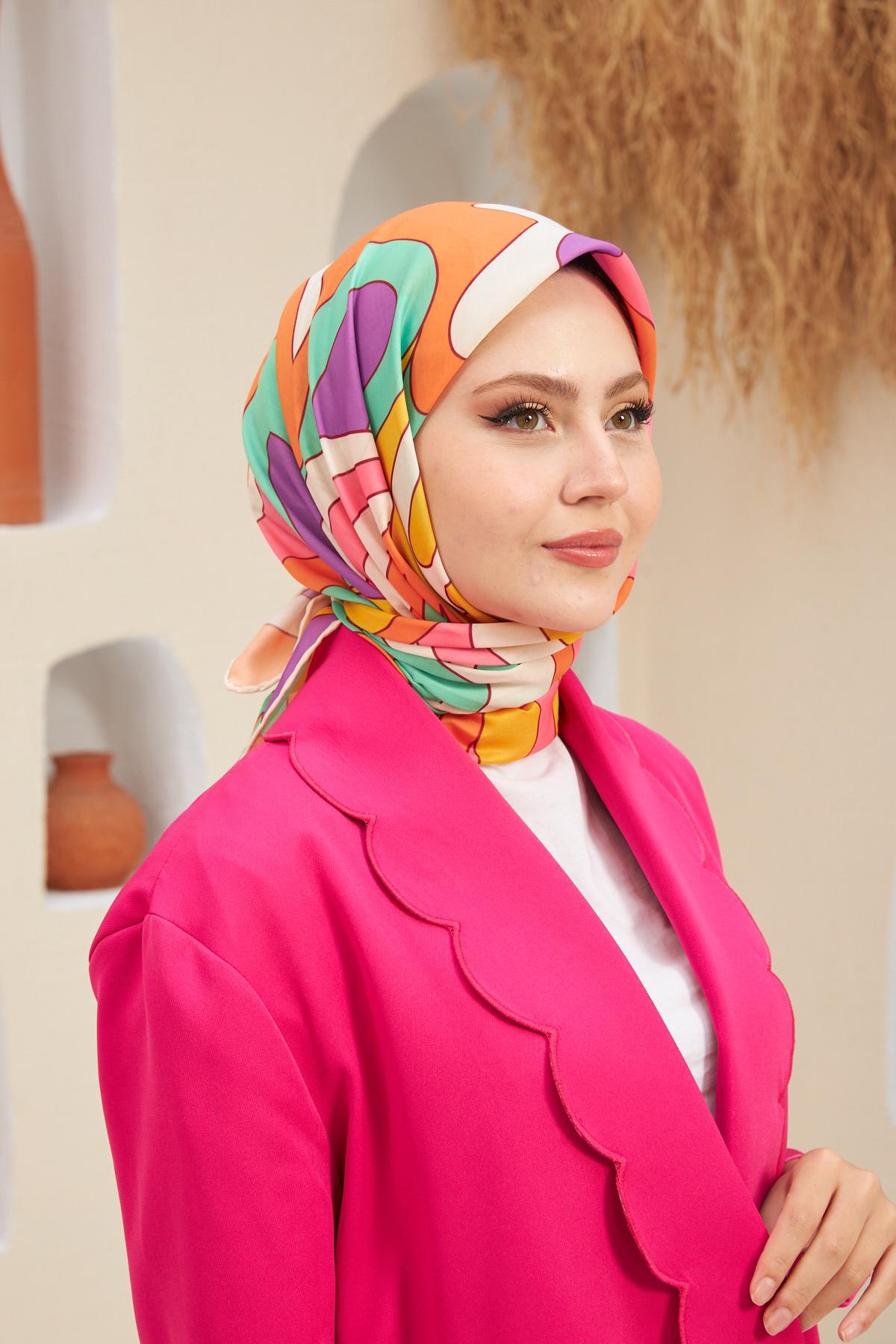 Yeni Twist Desen Pamuk Viskon Eşarp Turuncu Mor 1133-03