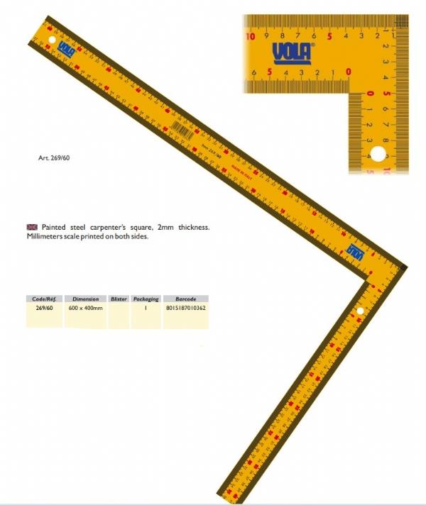 Boyalı çelik marangoz karesi, 2 mm kalınlığında. Her iki tarafa da milimetre ölçeği basılmıştır.