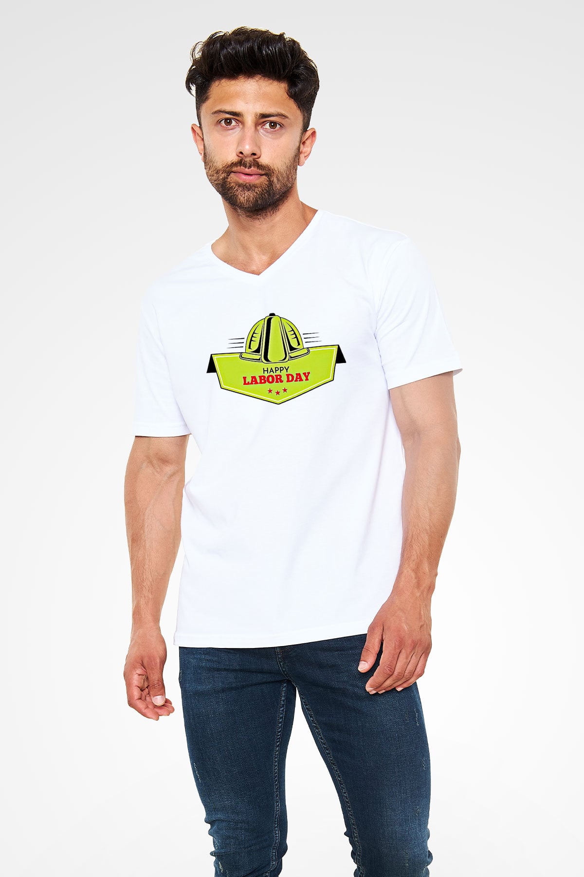 1 Mayıs Baskılı Beyaz Unisex V Yaka Tişört - Tshirt