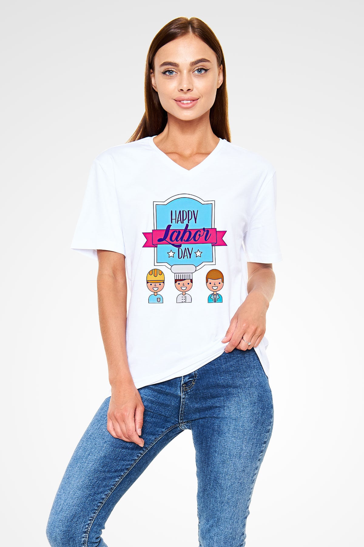 1 Mayıs Baskılı Beyaz Unisex V Yaka Tişört - Tshirt