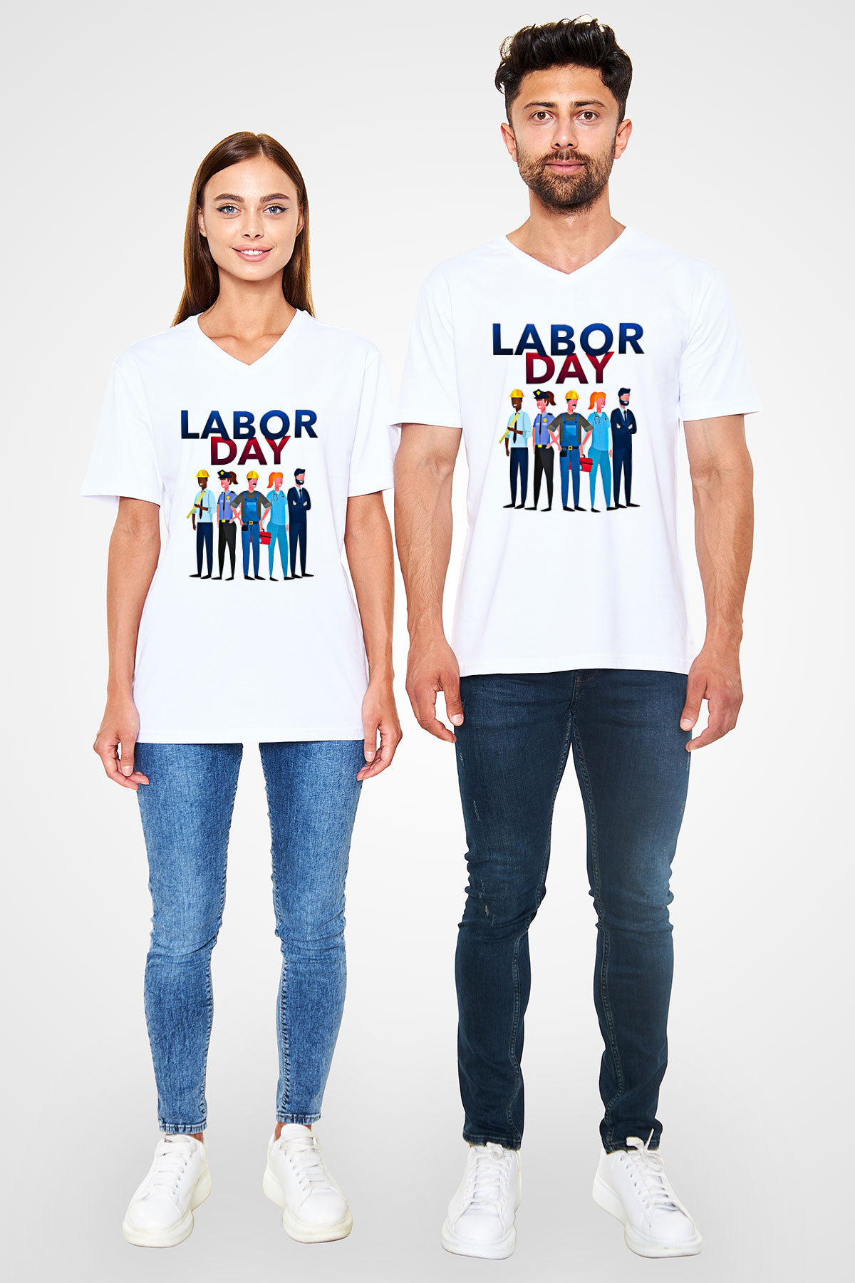 1 Mayıs Baskılı Beyaz Unisex V Yaka Tişört - Tshirt