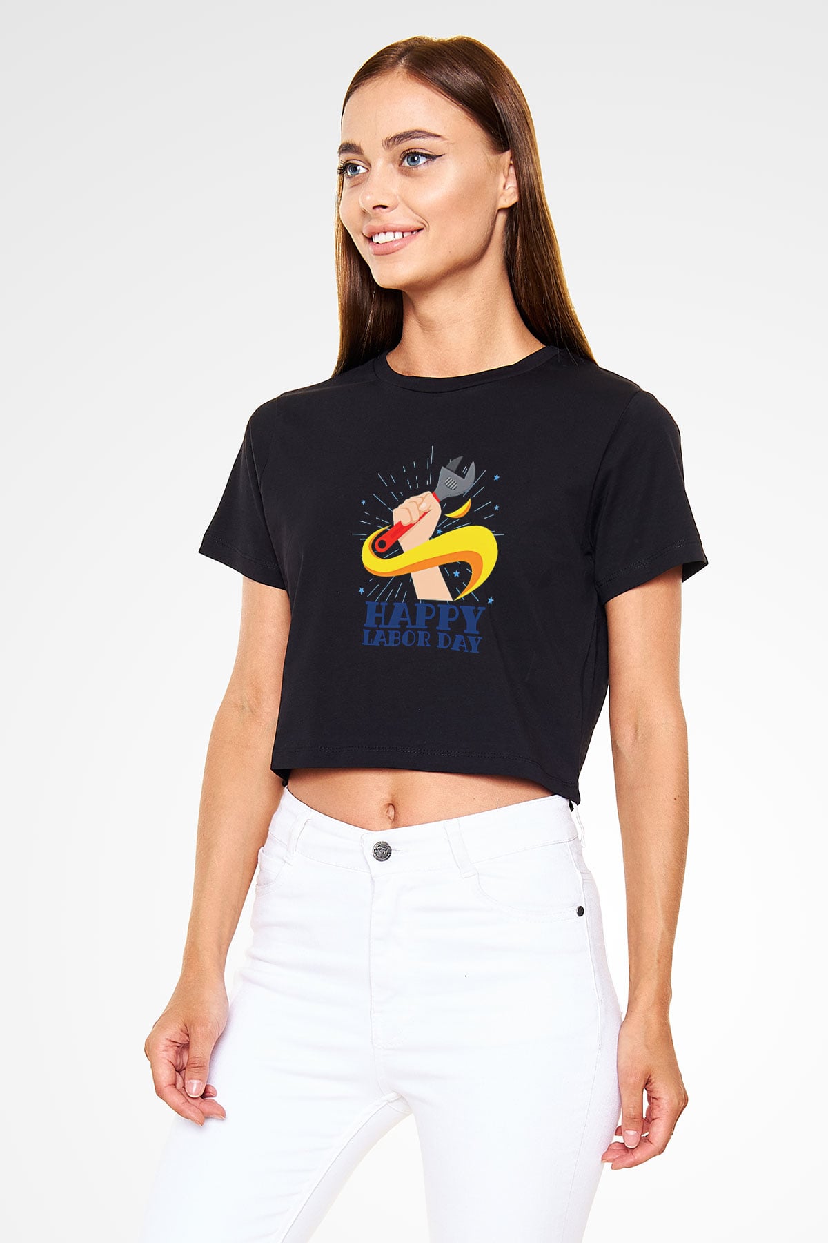 1 Mayıs Baskılı Siyah Crop Top Kadın Tişört - Tshirt