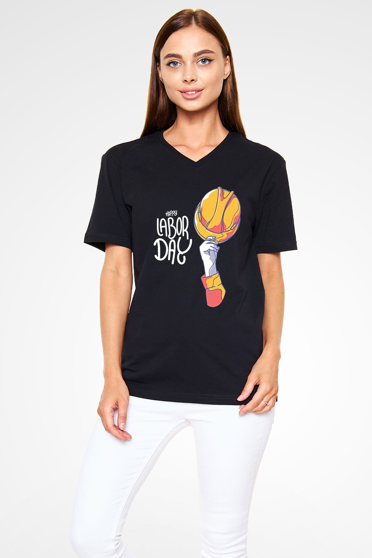 1 Mayıs Baskılı Unisex Siyah V Yaka Tişört - Tshirt