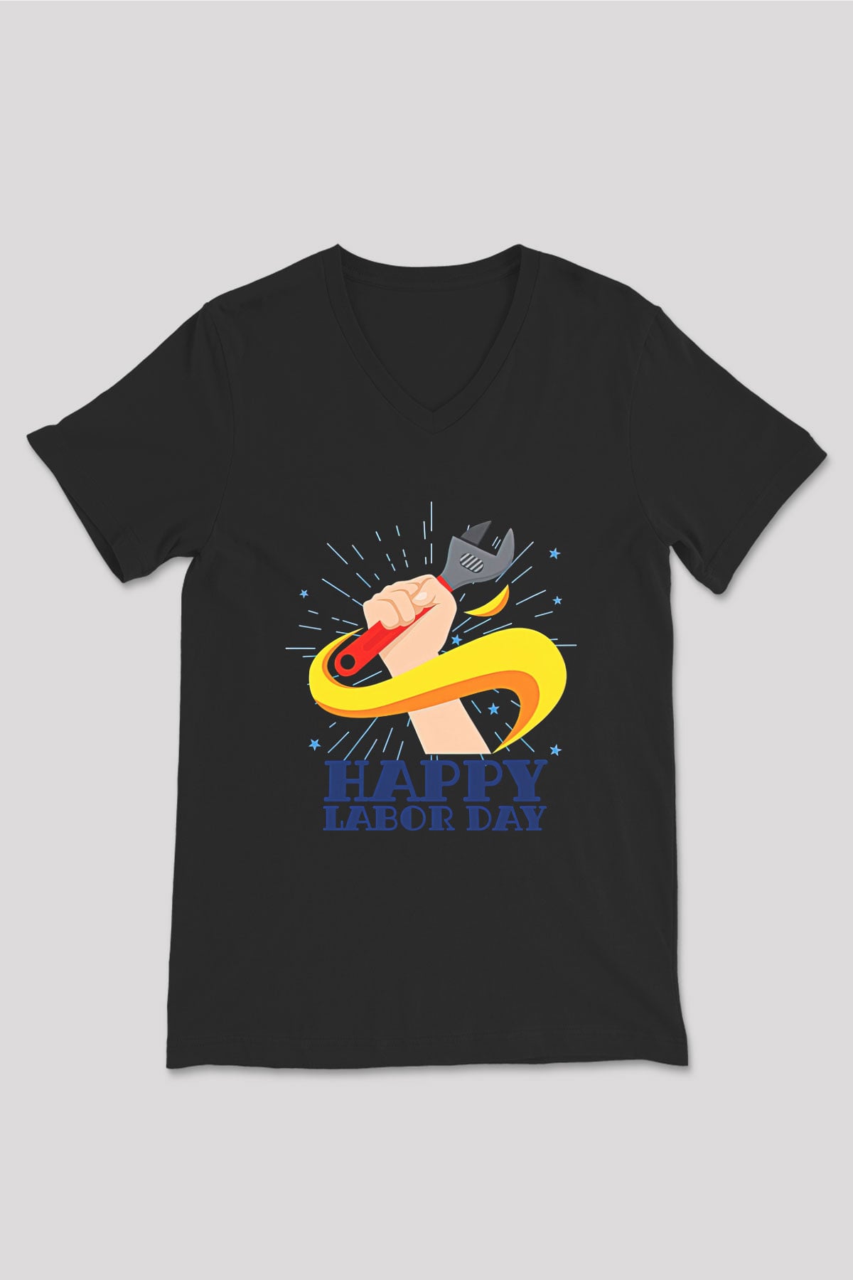 1 Mayıs Baskılı Unisex Siyah V Yaka Tişört - Tshirt