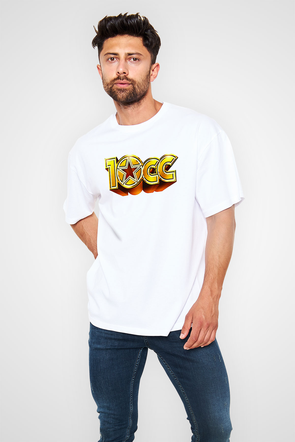 10cc Baskılı Beyaz Unisex Oversize Tişört - Tshirt