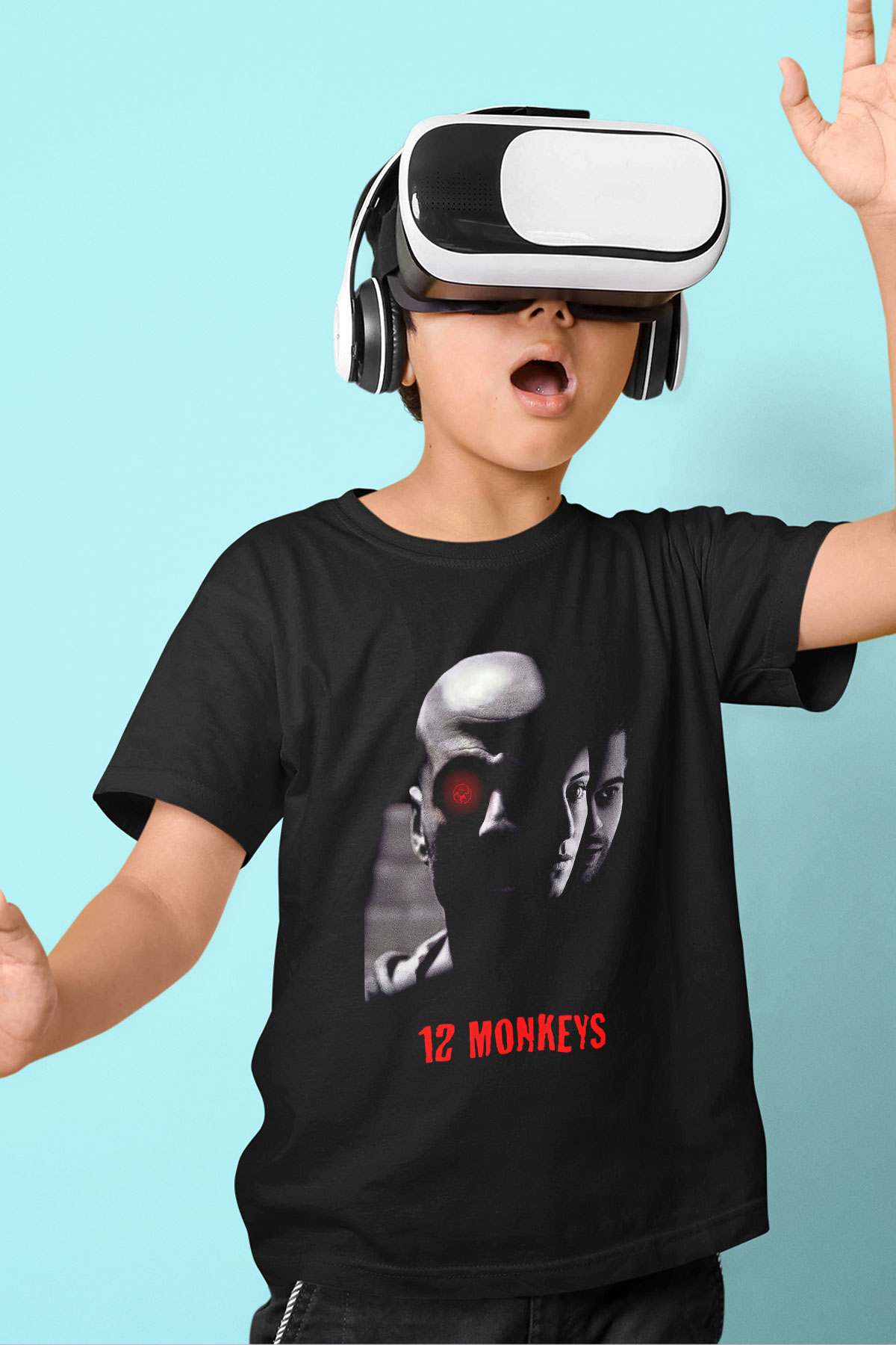 12 Maymun (12 Monkeys) Baskılı Unisex Siyah Çocuk Tişört - Tshirt
