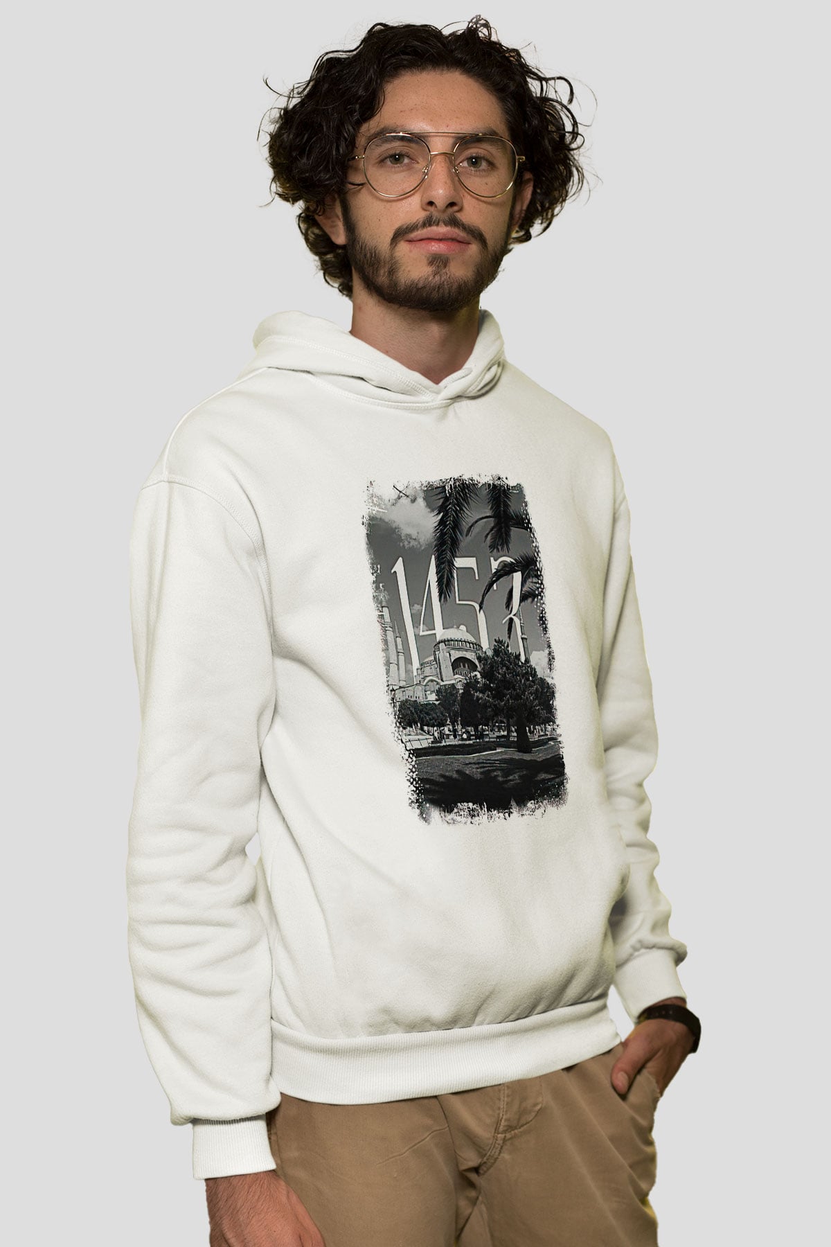 1453 Baskılı Beyaz Unisex Hoodie