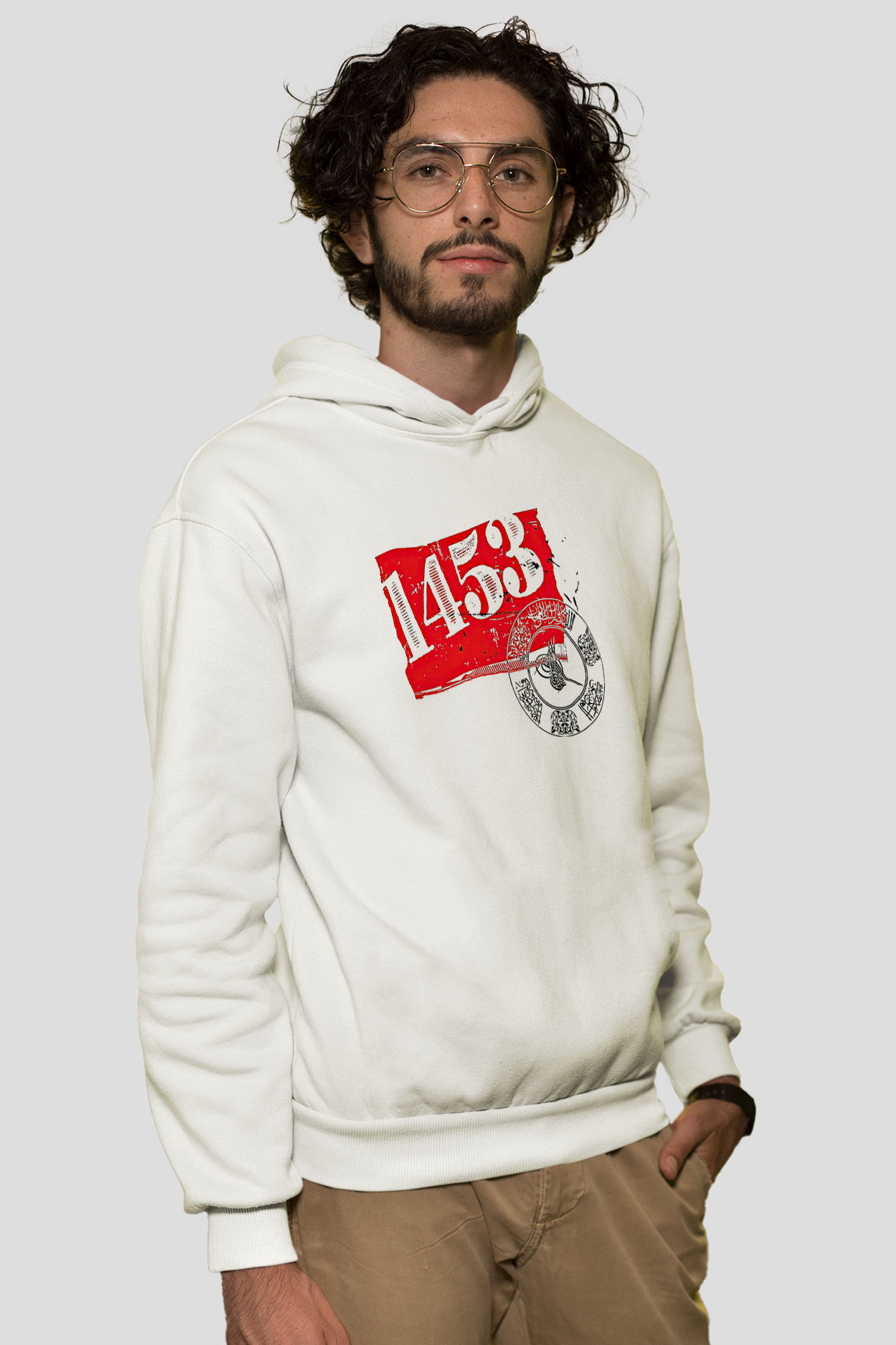 1453 Baskılı Beyaz Unisex Hoodie