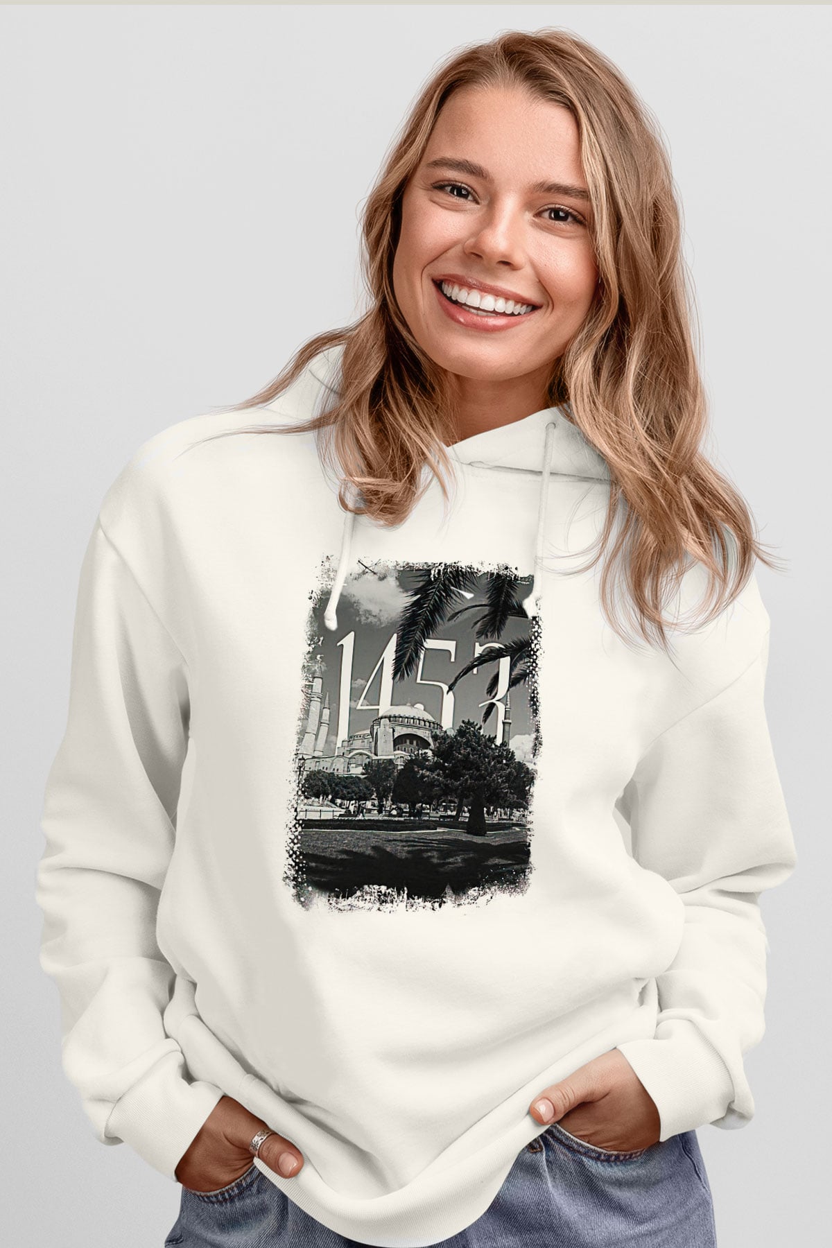 1453 Baskılı Beyaz Unisex Hoodie