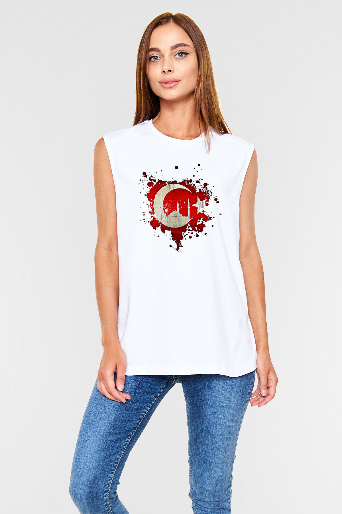 1453 Baskılı Beyaz Unisex Kolsuz Tişört - Tshirt