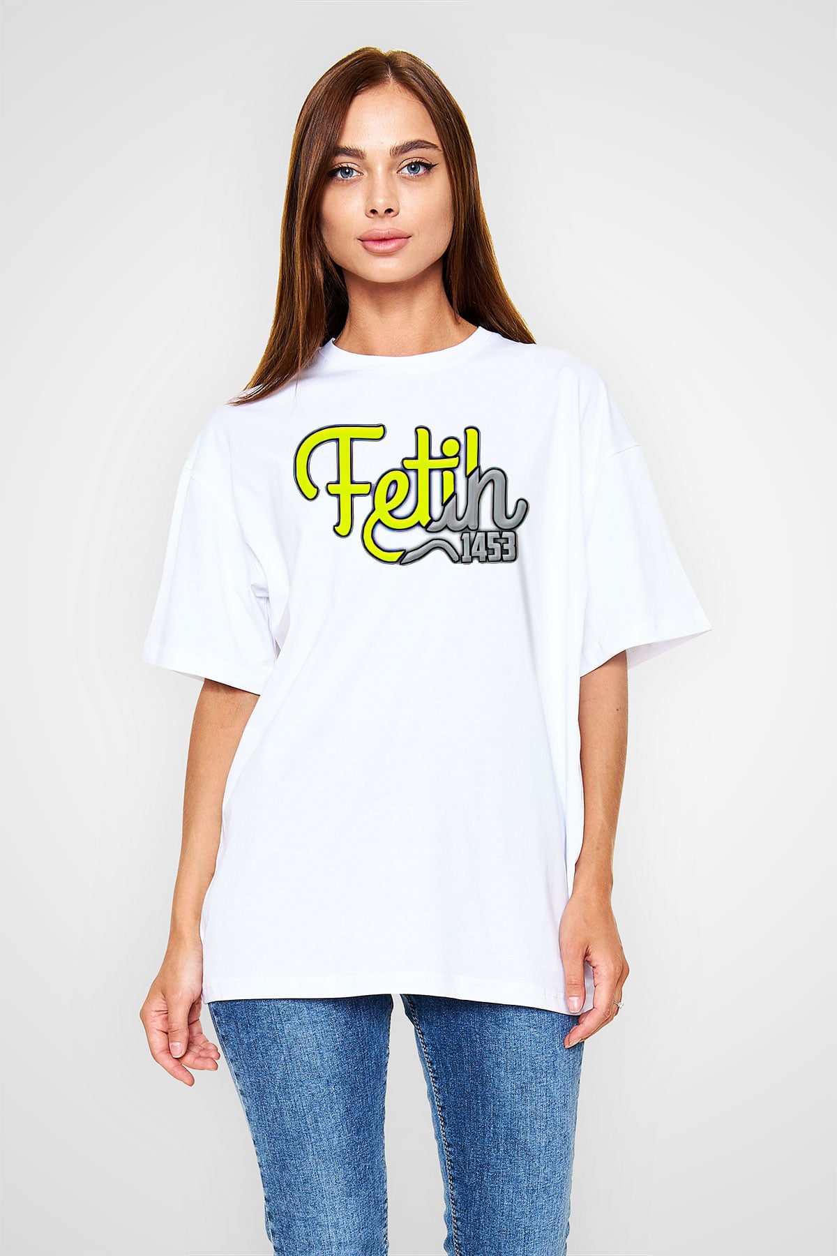 1453 Baskılı Beyaz Unisex Oversize Tişört - Tshirt