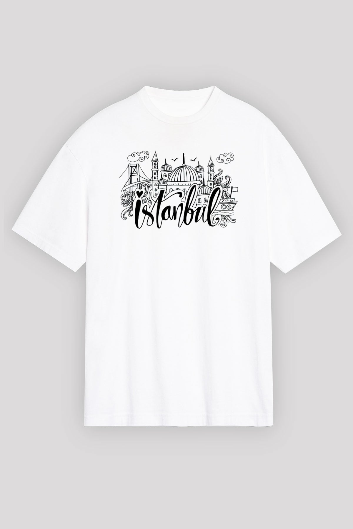 1453 Baskılı Beyaz Unisex Oversize Tişört - Tshirt