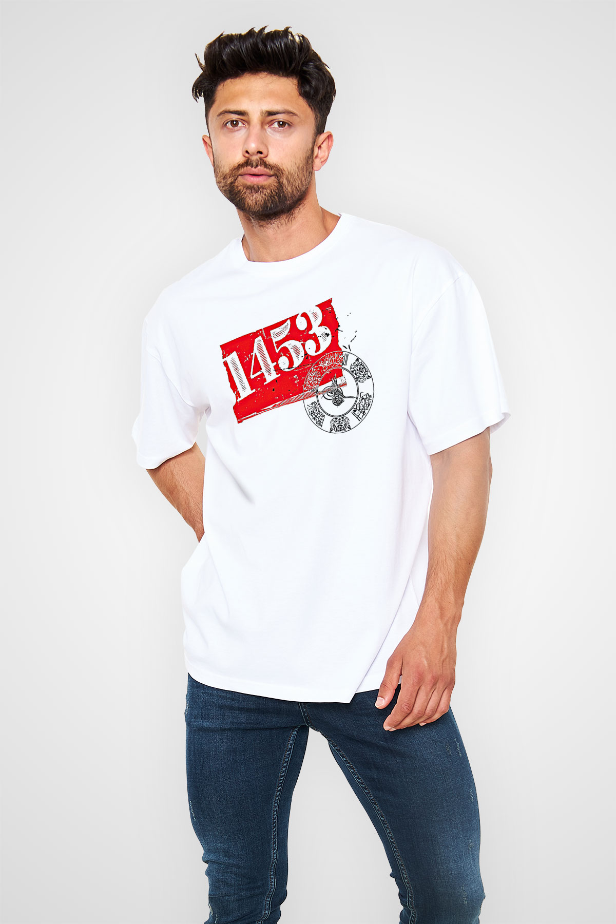 1453 Baskılı Beyaz Unisex Oversize Tişört - Tshirt