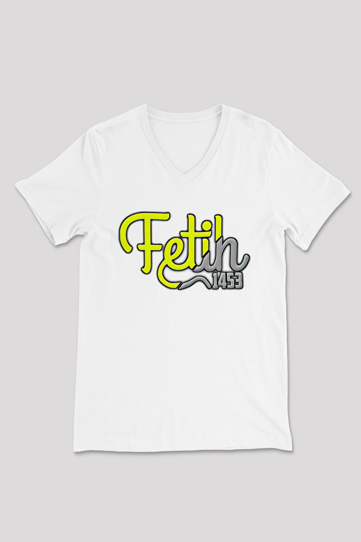 1453 Baskılı Beyaz Unisex V Yaka Tişört - Tshirt