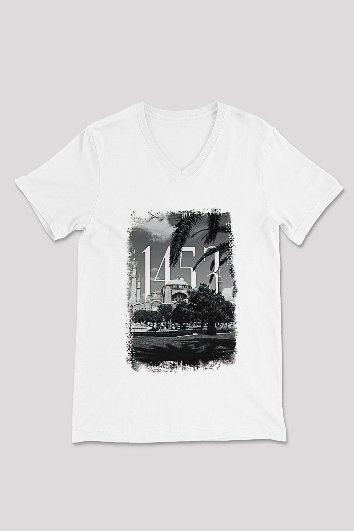 1453 Baskılı Beyaz Unisex V Yaka Tişört - Tshirt