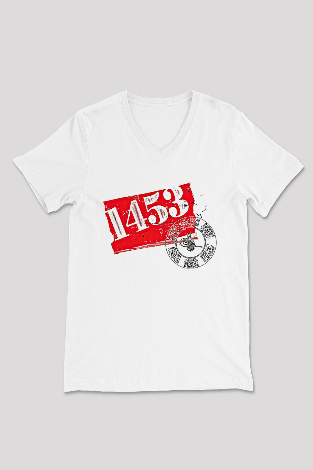 1453 Baskılı Beyaz Unisex V Yaka Tişört - Tshirt