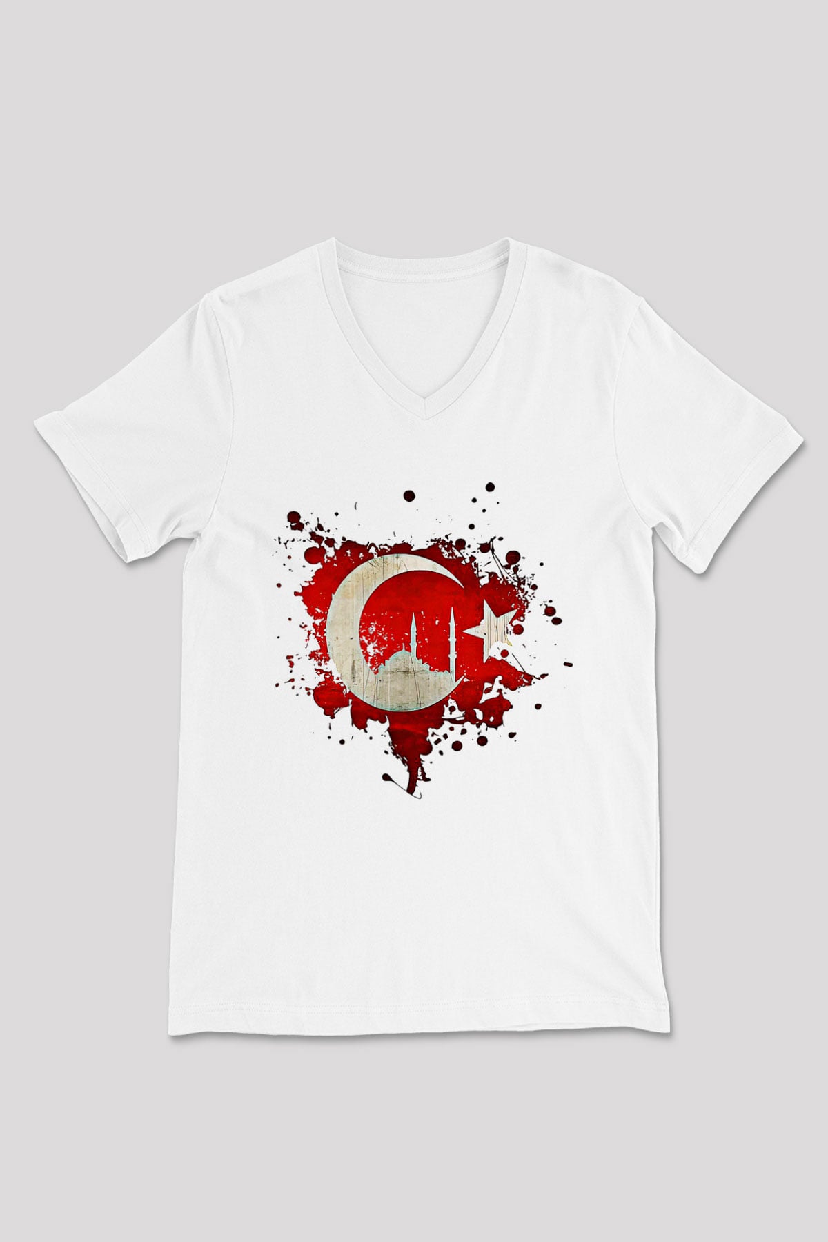 1453 Baskılı Beyaz Unisex V Yaka Tişört - Tshirt